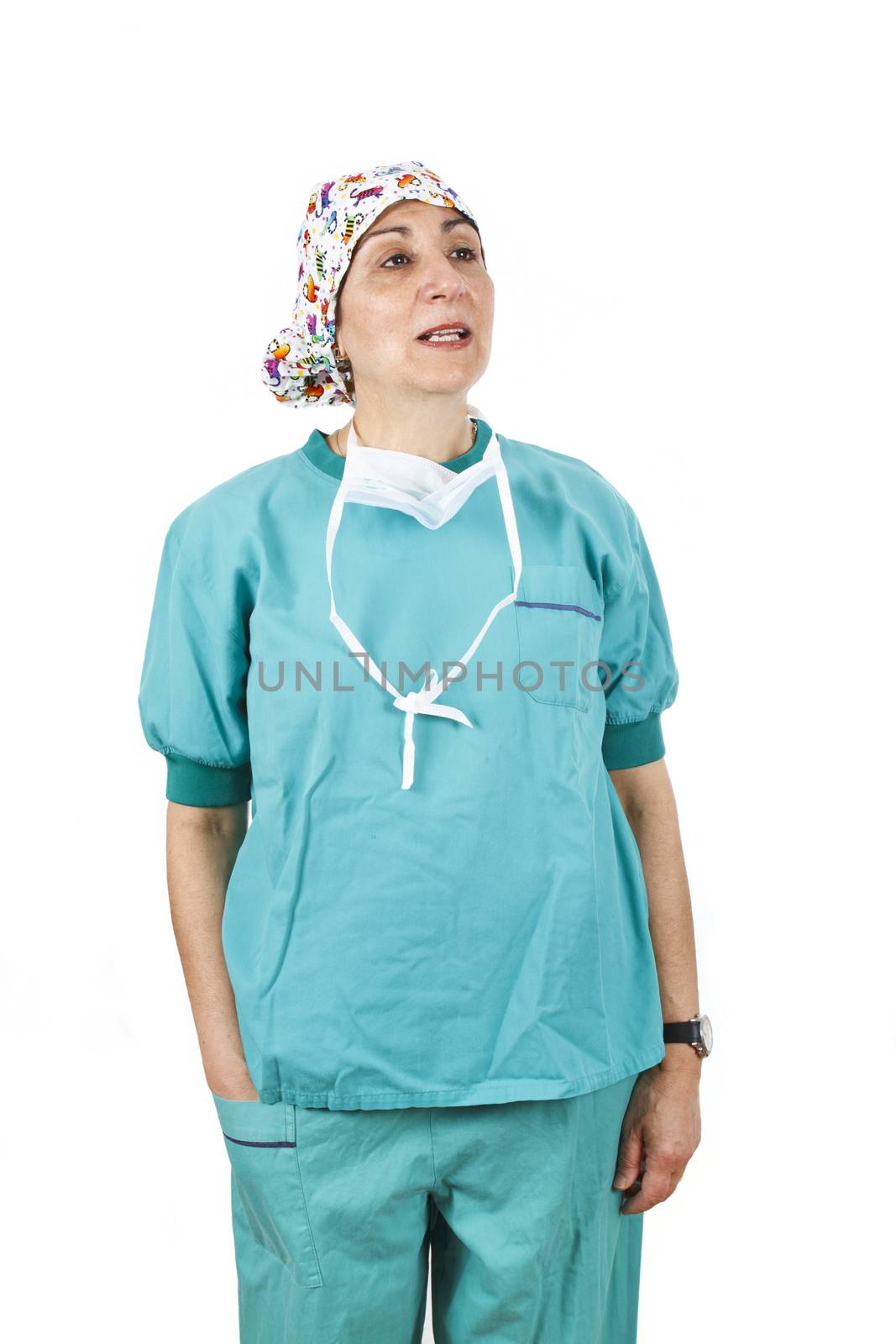 Senior female nurse speaking isolated white background.