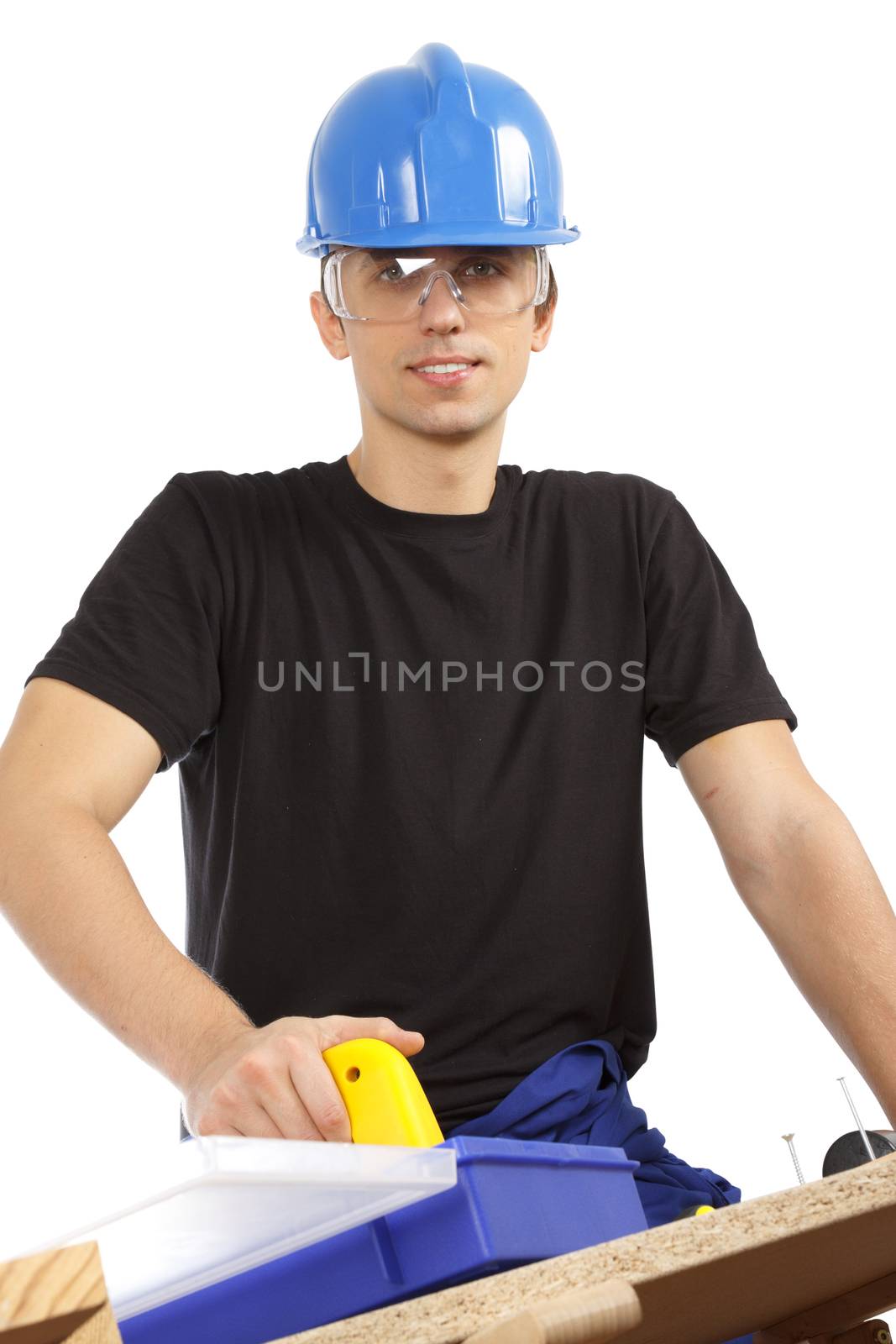 Man working with tools and wood. Over white.