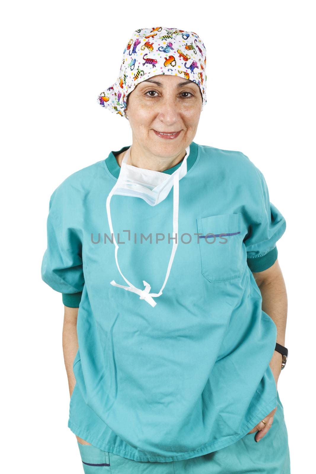 A confident female nurse isolated on white background.