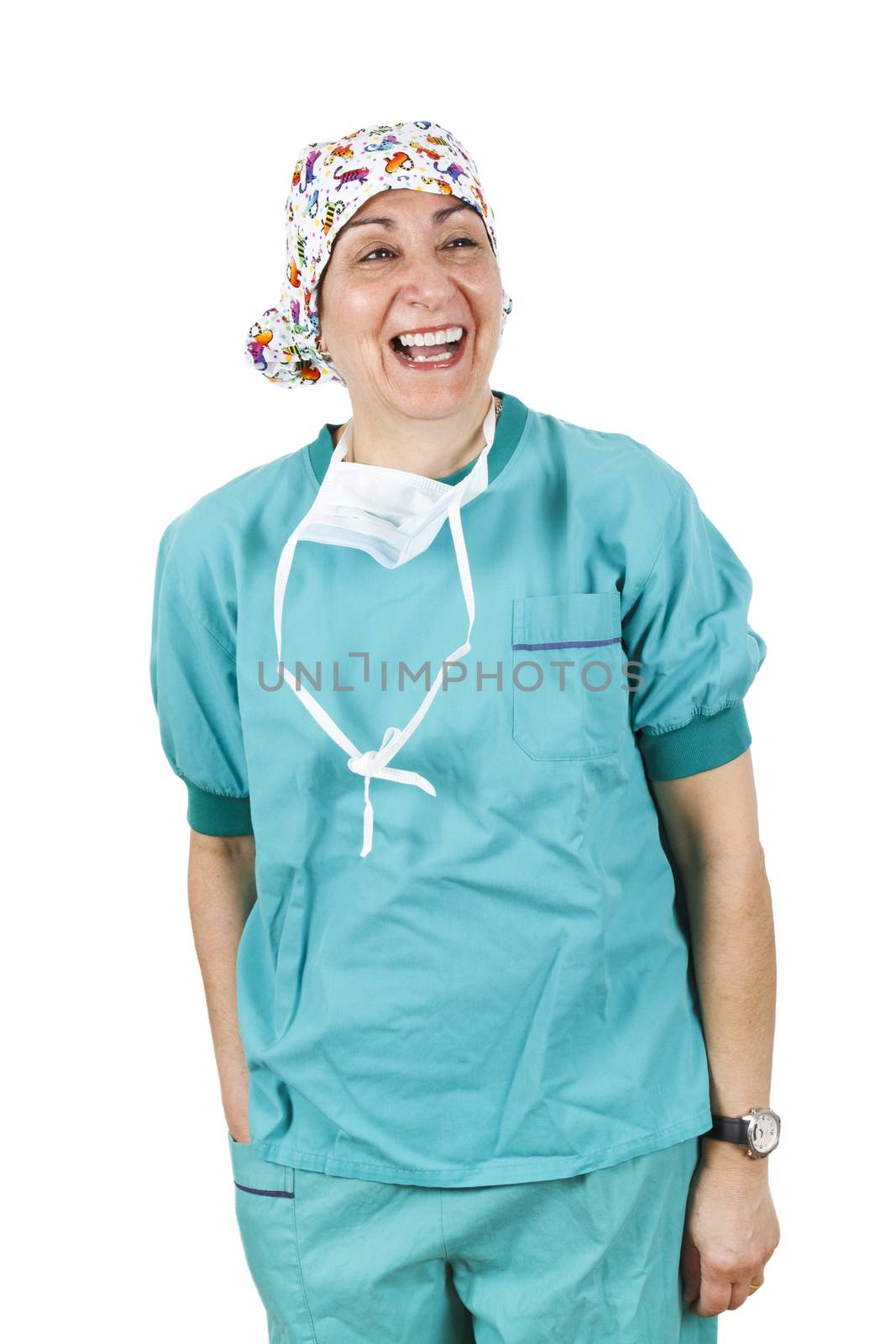 Female nurse laughing isolated on white background.