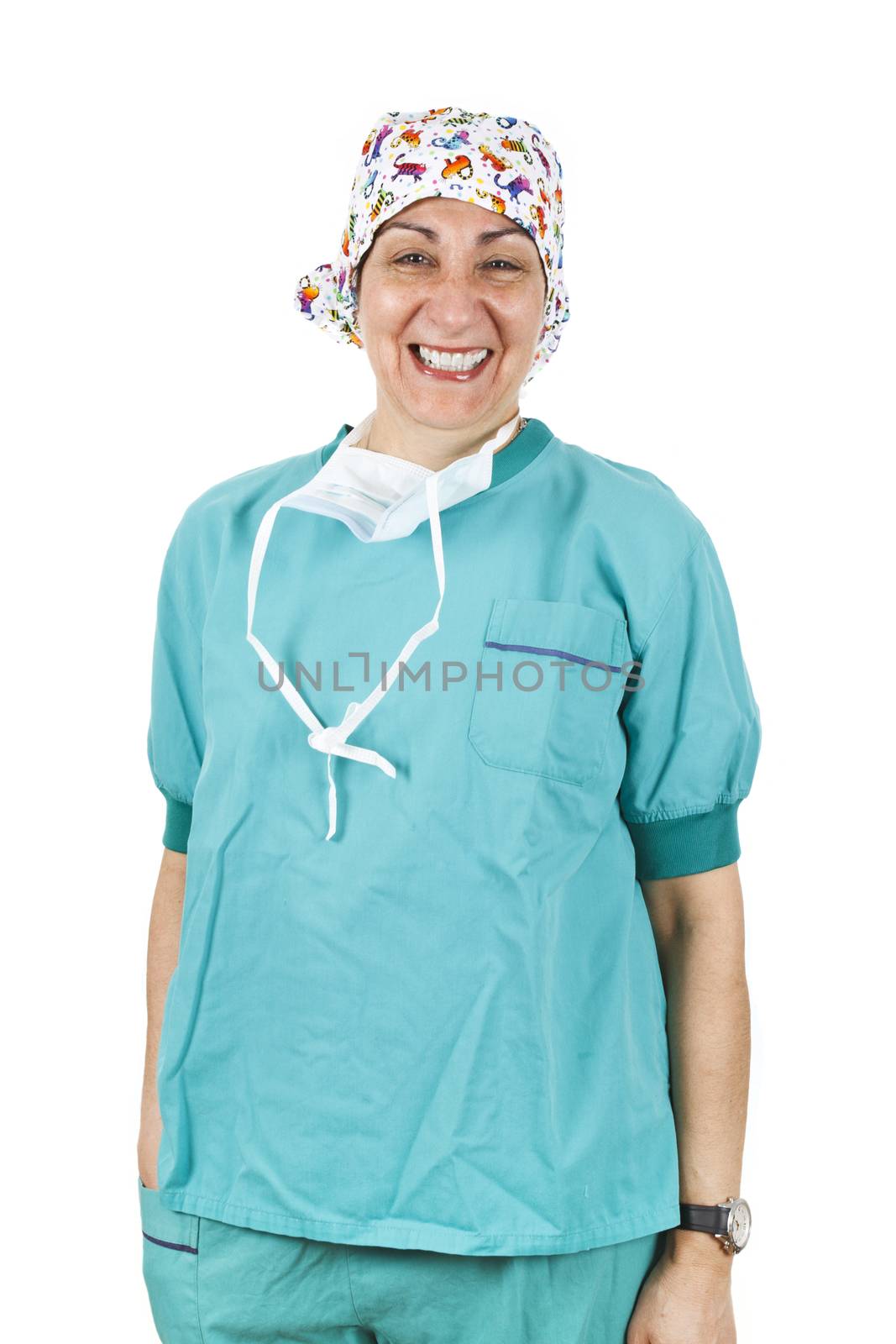 Female nurse laughing isolated on white background.