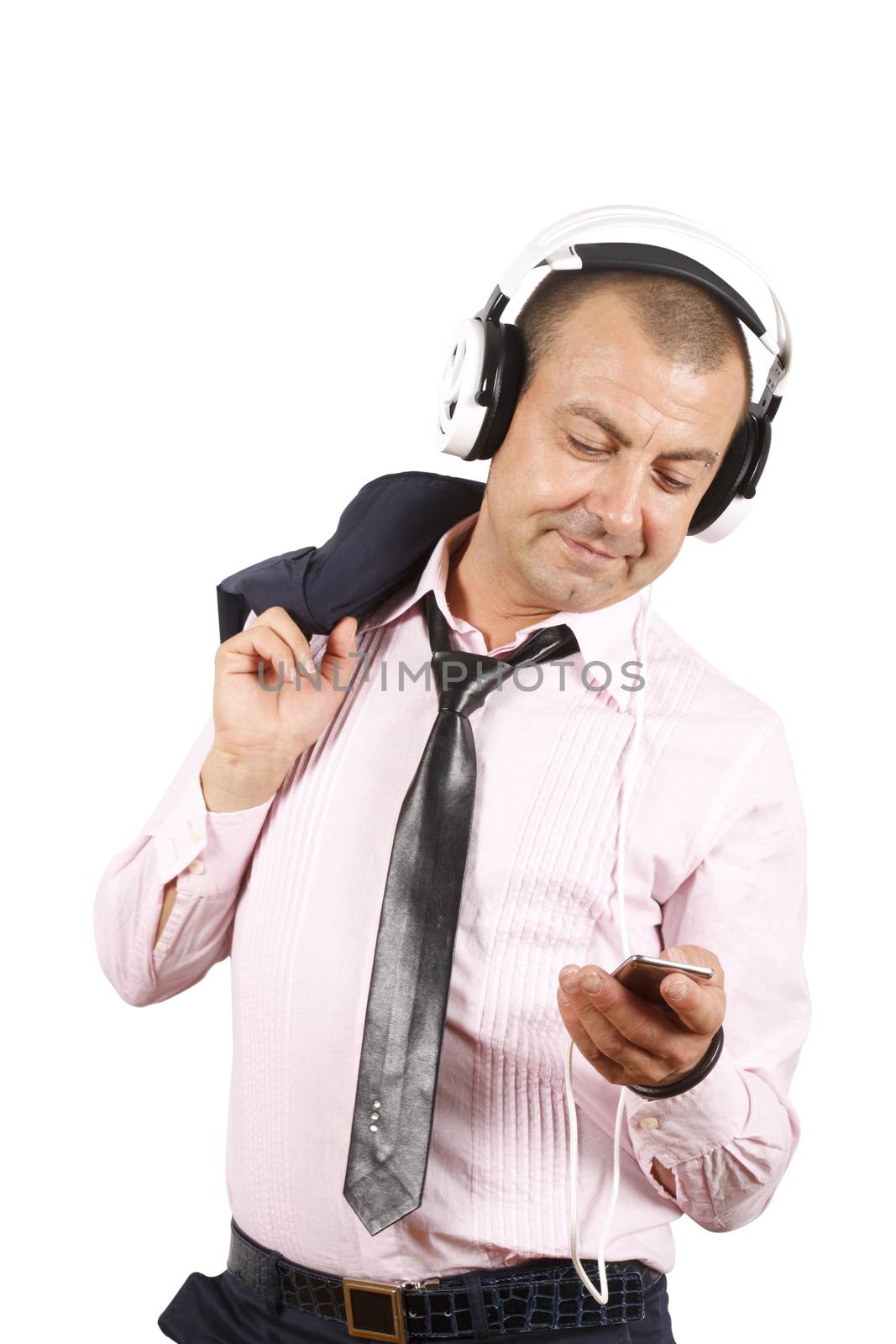 Businessman with headphones over white.