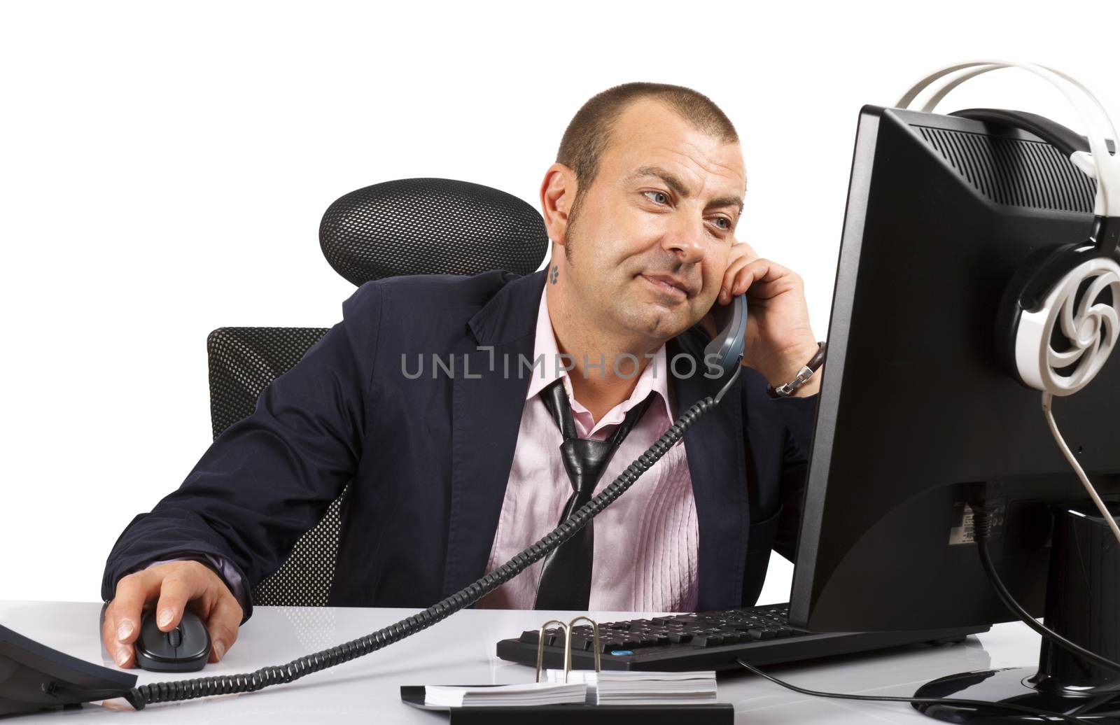 Businessman cheking data on computer. Over white.