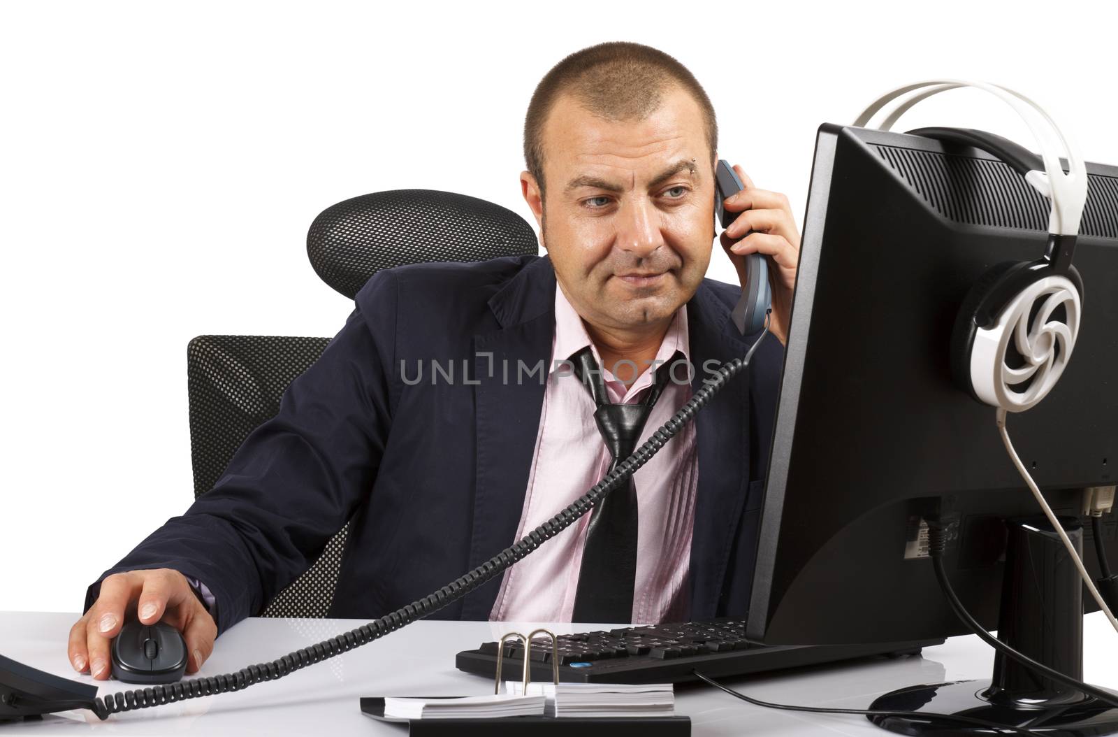 Businessman cheking data on computer. Over white.