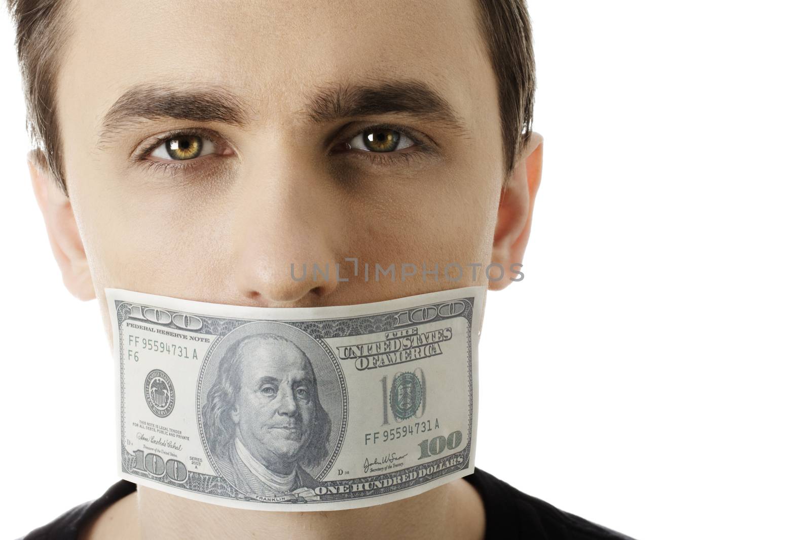 A man with a 100 dollar bill on his mouth. Everyone has a price.
