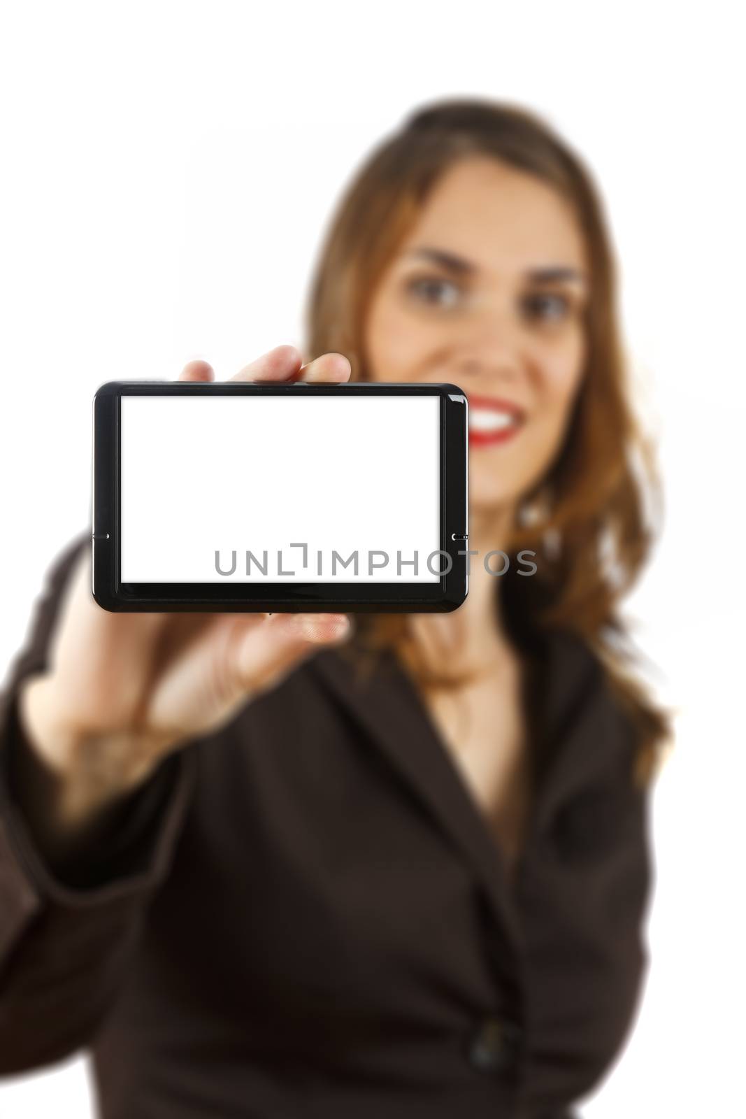 Businesswoman out of focus at background showing a global positioning system with white display. Isolated on white background.