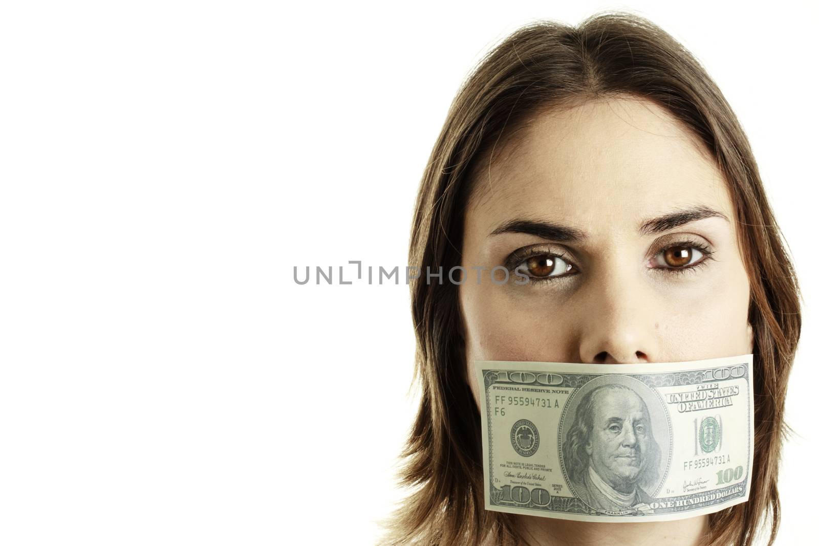 A young woman with a 100 dollar bill on her mouth. Everyone has a price.
