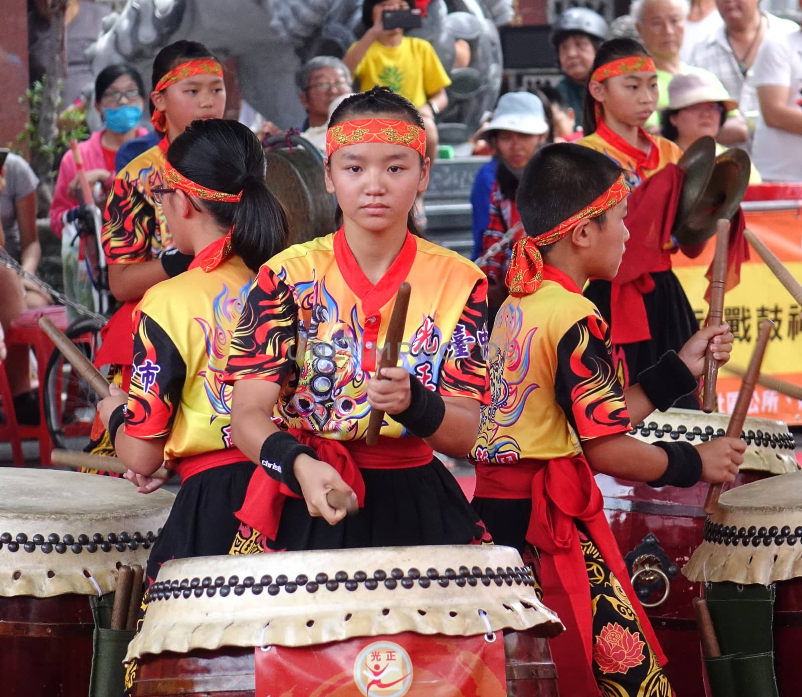 KAOHSIUNG, TAIWAN -- MAY 26, 2019: A junior high school percussion group performs at the Qing Yun Temple in the Dashe District of Kaohsiung City.