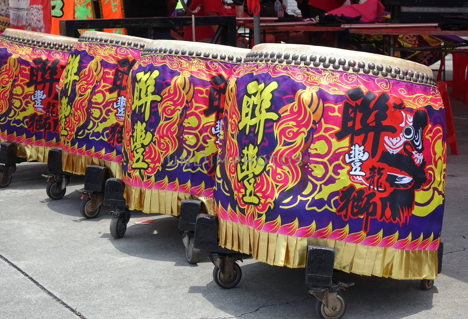 KAOHSIUNG, TAIWAN -- MAY 26, 2019: Large decorated drums to be used at a performance at the Qing Yun Temple in the Dashe District of Kaohsiung City.
