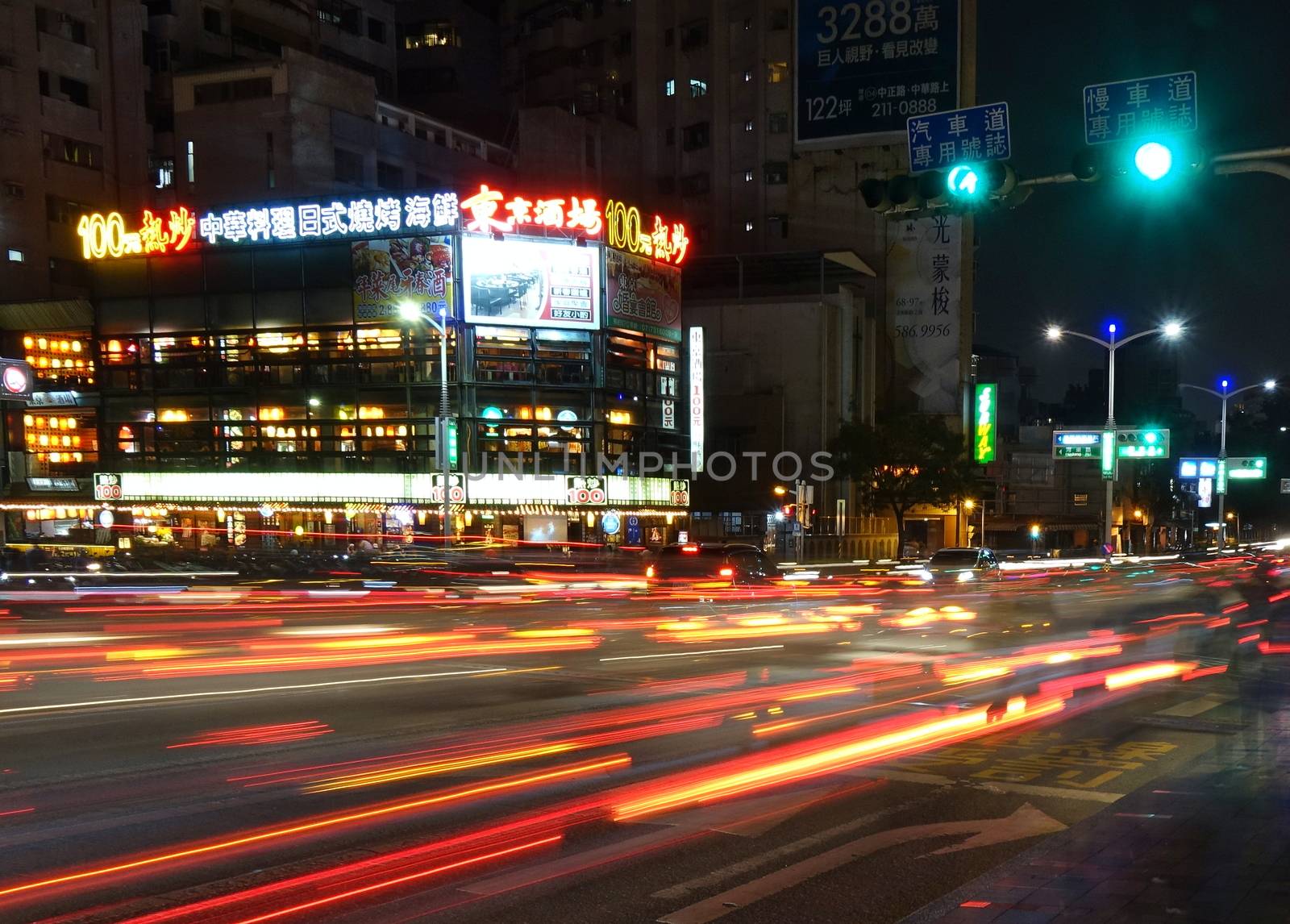 KAOHSIUNG, TAIWAN -- DECEMBER 1, 2018: Busy traffic during evening rush hour in downtown Kaohsiung. The image features motion blur.