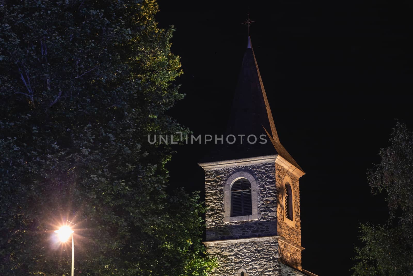architectural detail of the Sainte Marie chapel at night in Saint Lary Soulan in France