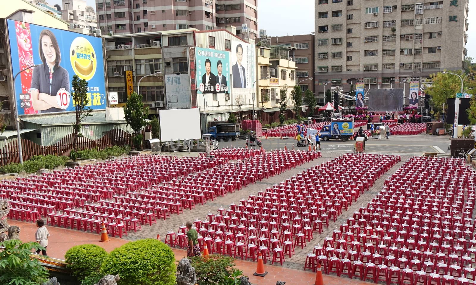 KAOHSIUNG, TAIWAN -- OCTOBER 19, 2018: Stools, water and fans are prepared for a rally for city council candidate Huang Xiangshu of the KMT in the run up for the November 24 elections.