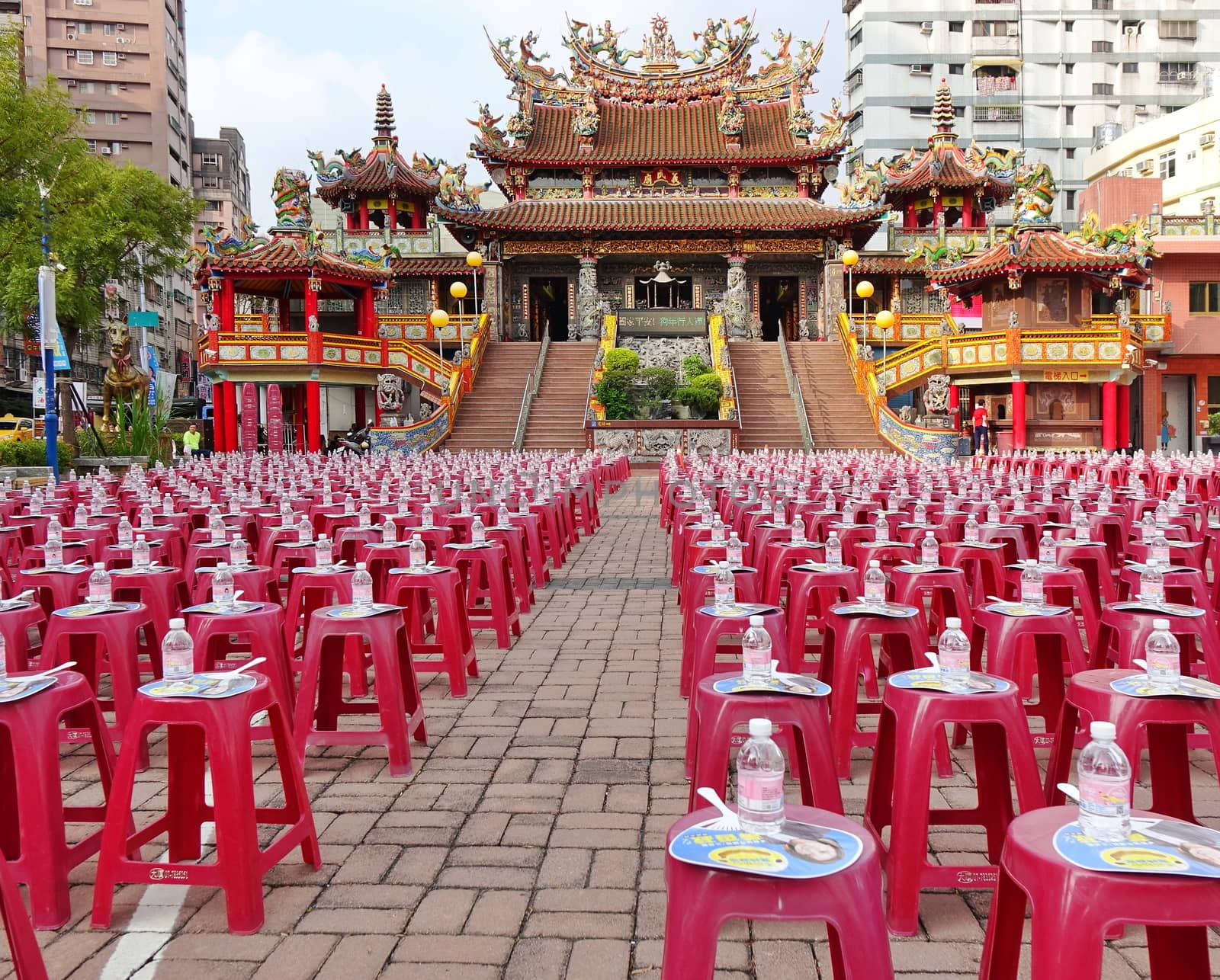 KAOHSIUNG, TAIWAN -- OCTOBER 19, 2018: Stools, water and fans are prepared for a rally for city council candidate Huang Xiangshu of the KMT in the run up for the November 24 elections.