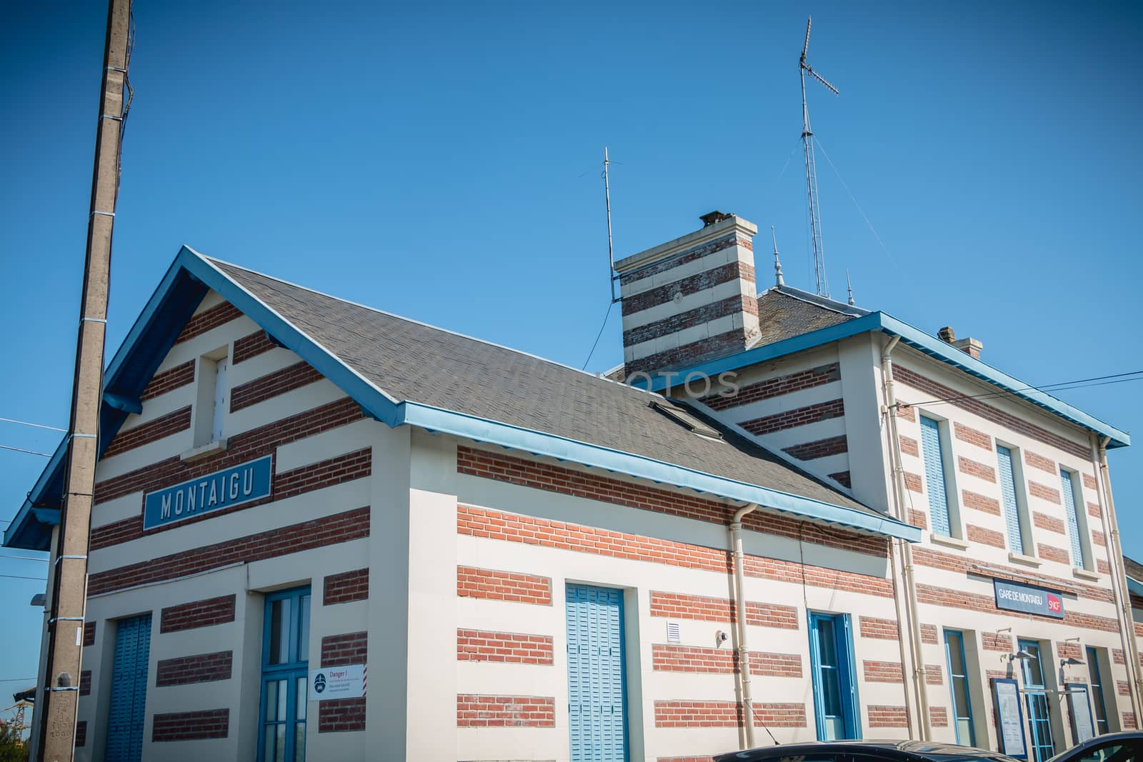 Montaigu, France - August 2, 2018: Architectural detail of the small Montaigu train station on a summer day