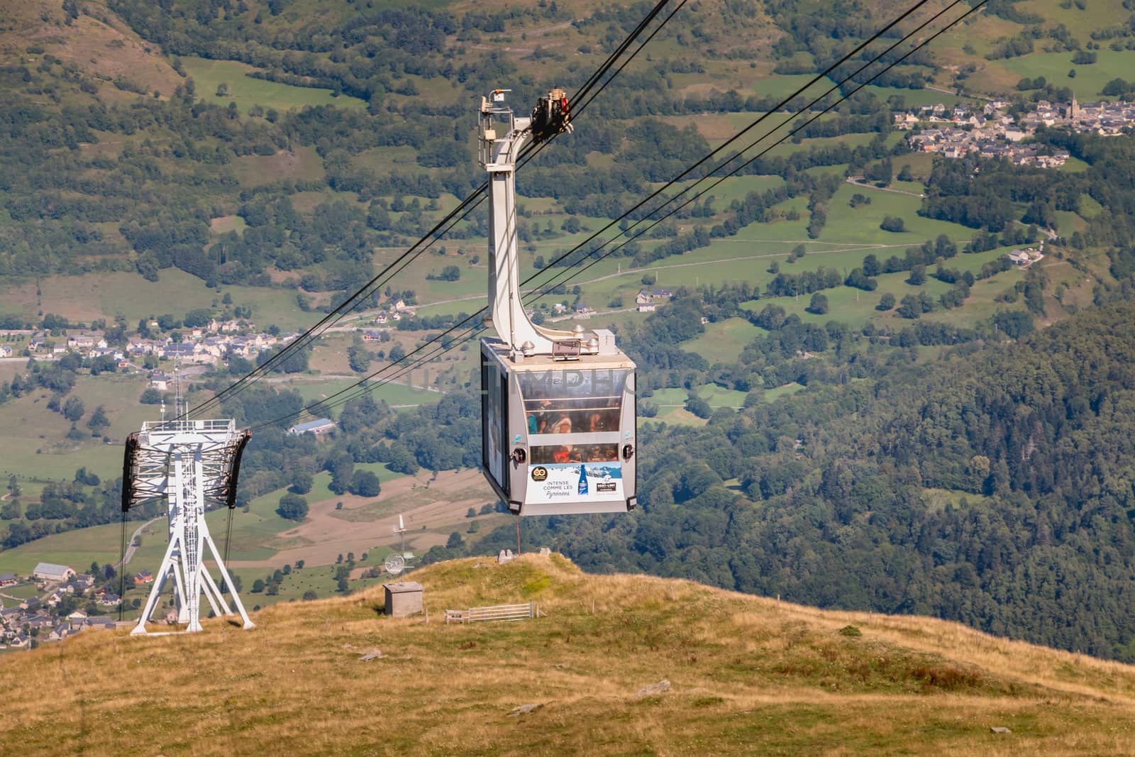 Saint Lary Soulan, France - August 20, 2018: cable car that connects directly the city center of Saint Lary to the station in winter for skiing and in summer for the downhill bike