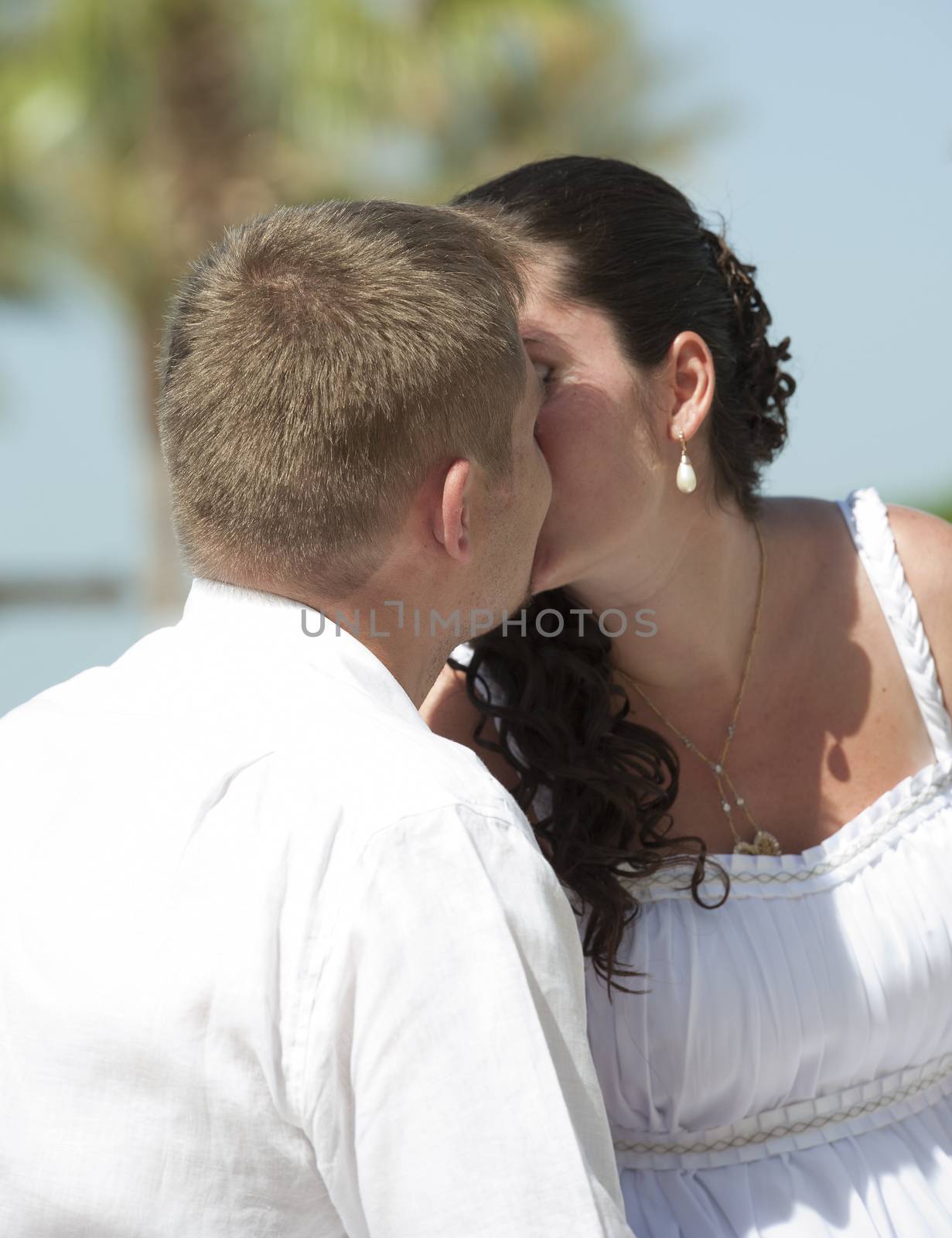 Newlyweds having a romantic kiss by paulvinten