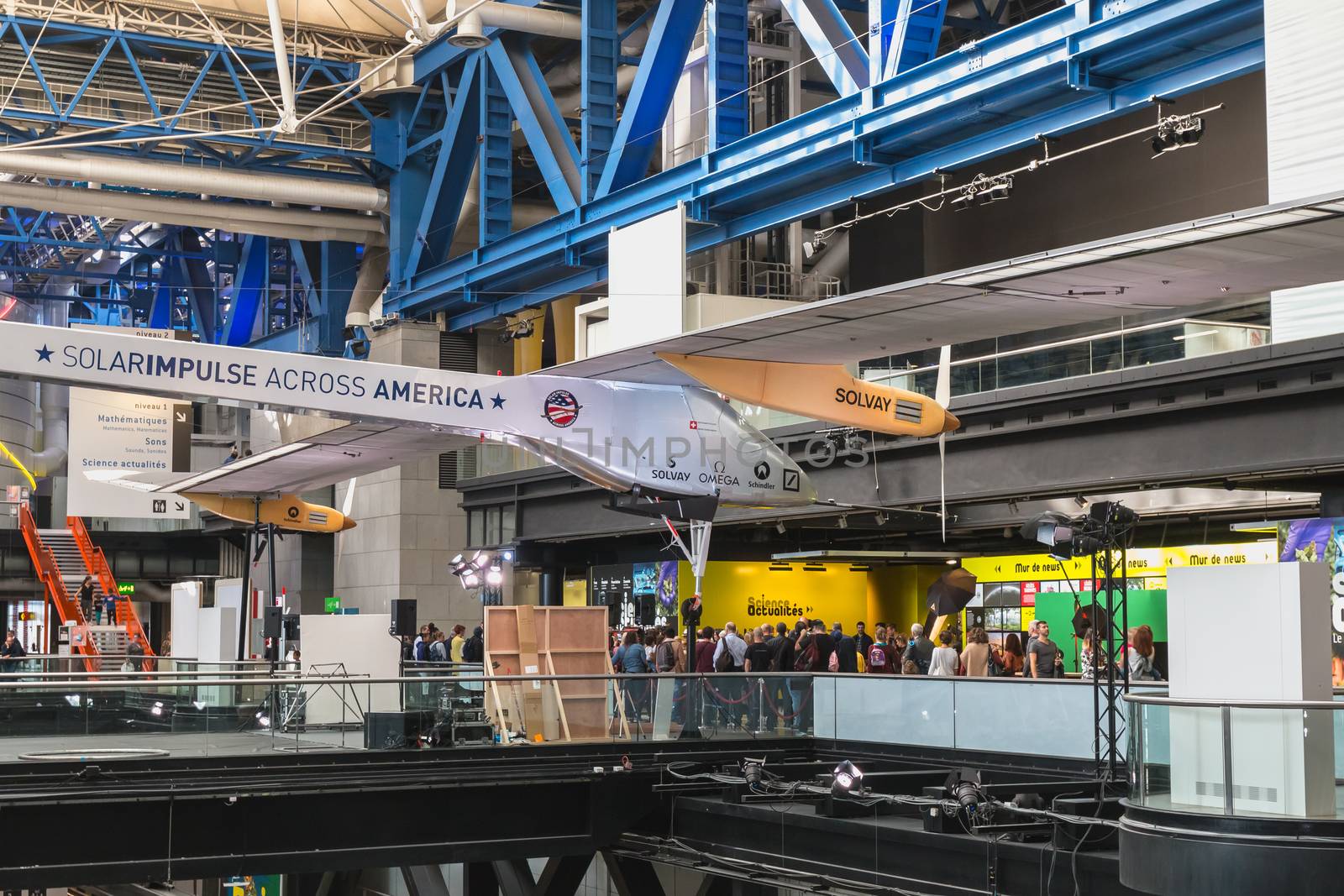 Paris, France - October 6, 2018: Exhibition of the famous Solar Impulse HB-SIA electric aircraft during the Science Fair 2018 in the hall of the City of Science and Industry