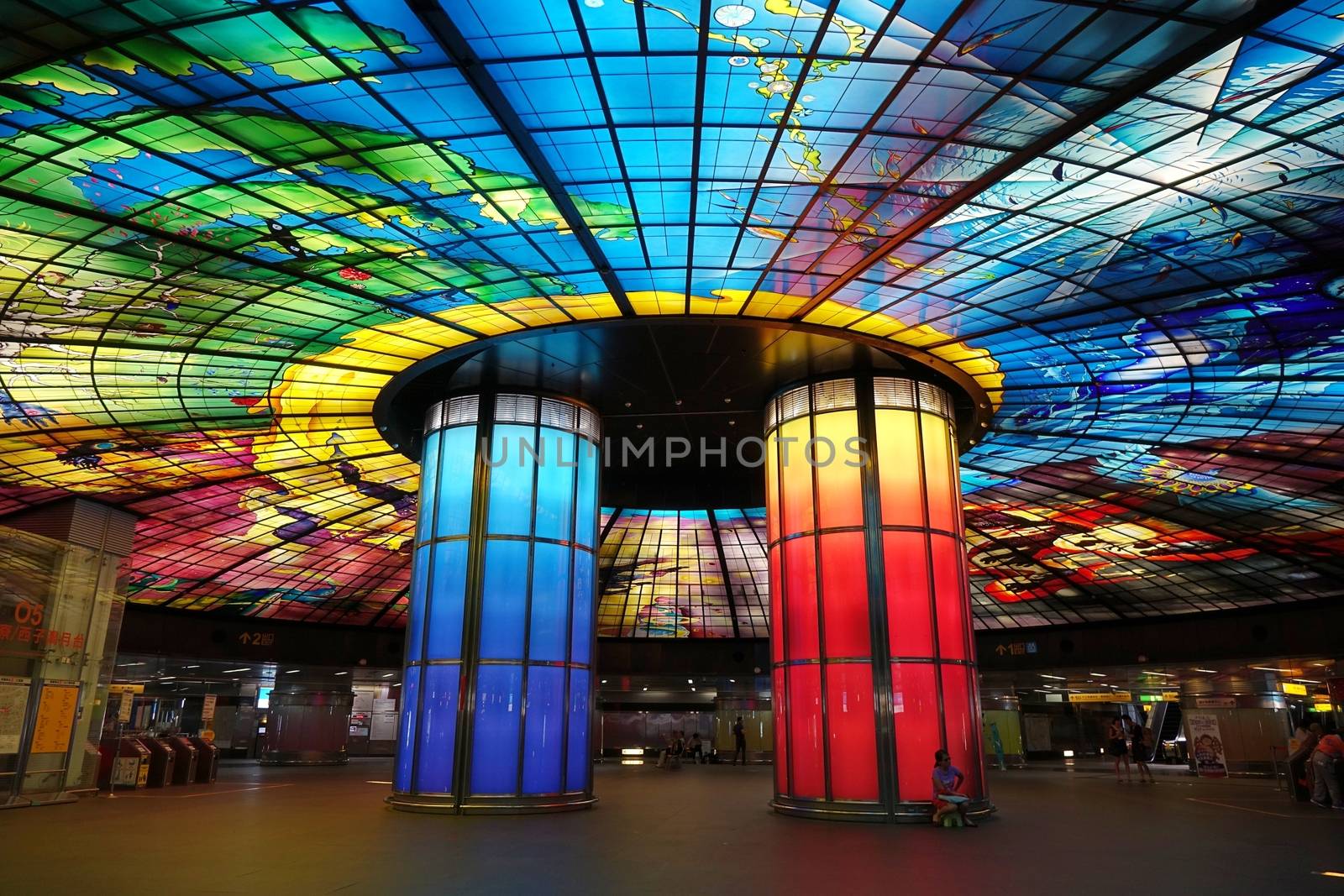 KAOHSIUNG, TAIWAN -- JUNE 26, 2014: This giant glass work called the Dome of Light marks the central plaza at the Formosa Boulevard Station of the Kaohsiung City subway transportation system.