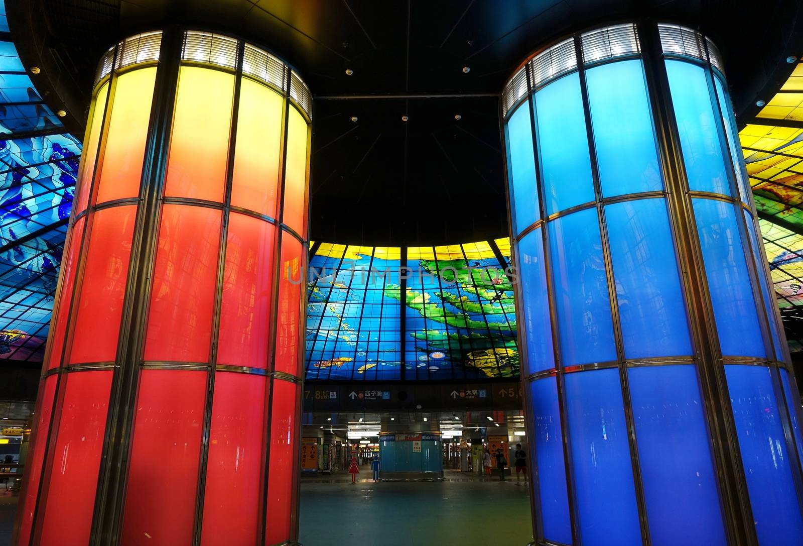 KAOHSIUNG, TAIWAN -- JUNE 26, 2014: This giant glass work called the Dome of Light marks the central plaza at the Formosa Boulevard Station of the Kaohsiung City subway transportation system.