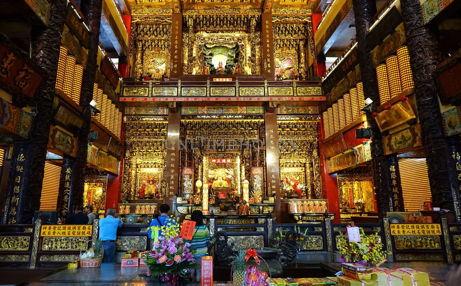 PINGTUNG, TAIWAN -- JULY 6 , 2017: The richly decorated interior of the Fu-An Temple, the largest temple dedicated to the Earth God in Taiwan.
