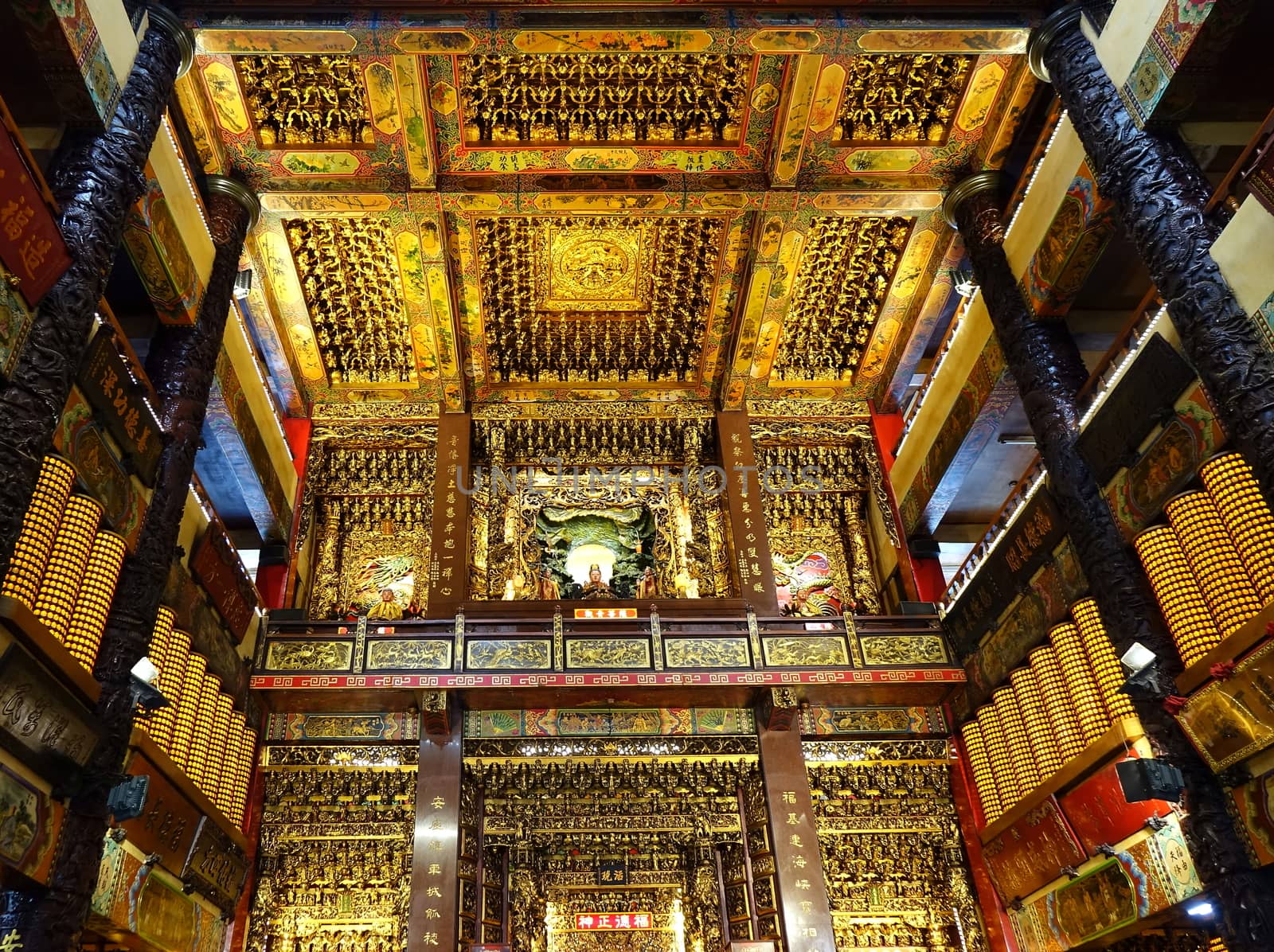 PINGTUNG, TAIWAN -- JULY 6 , 2017: The richly decorated interior of the Fu-An Temple, the largest temple dedicated to the Earth God in Taiwan.