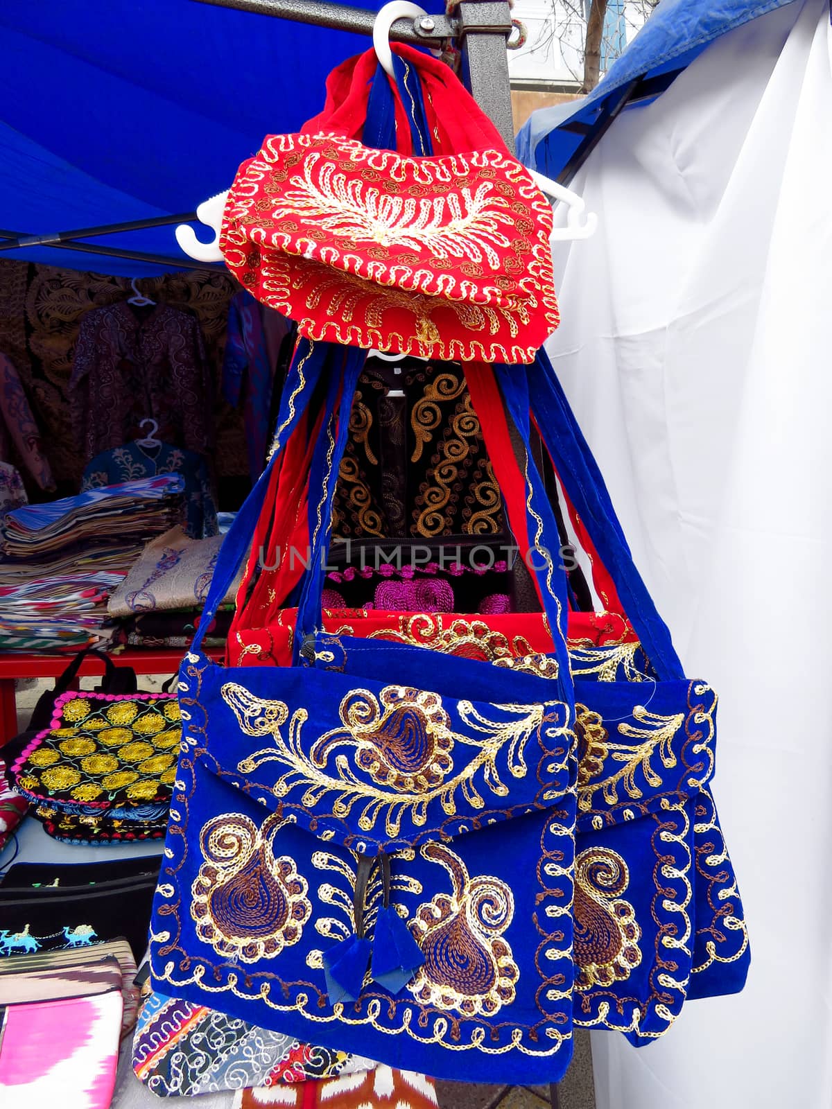 Traditional souvenirs - Kazakh ethnic handbags in street market in Almaty, Kazakhstan