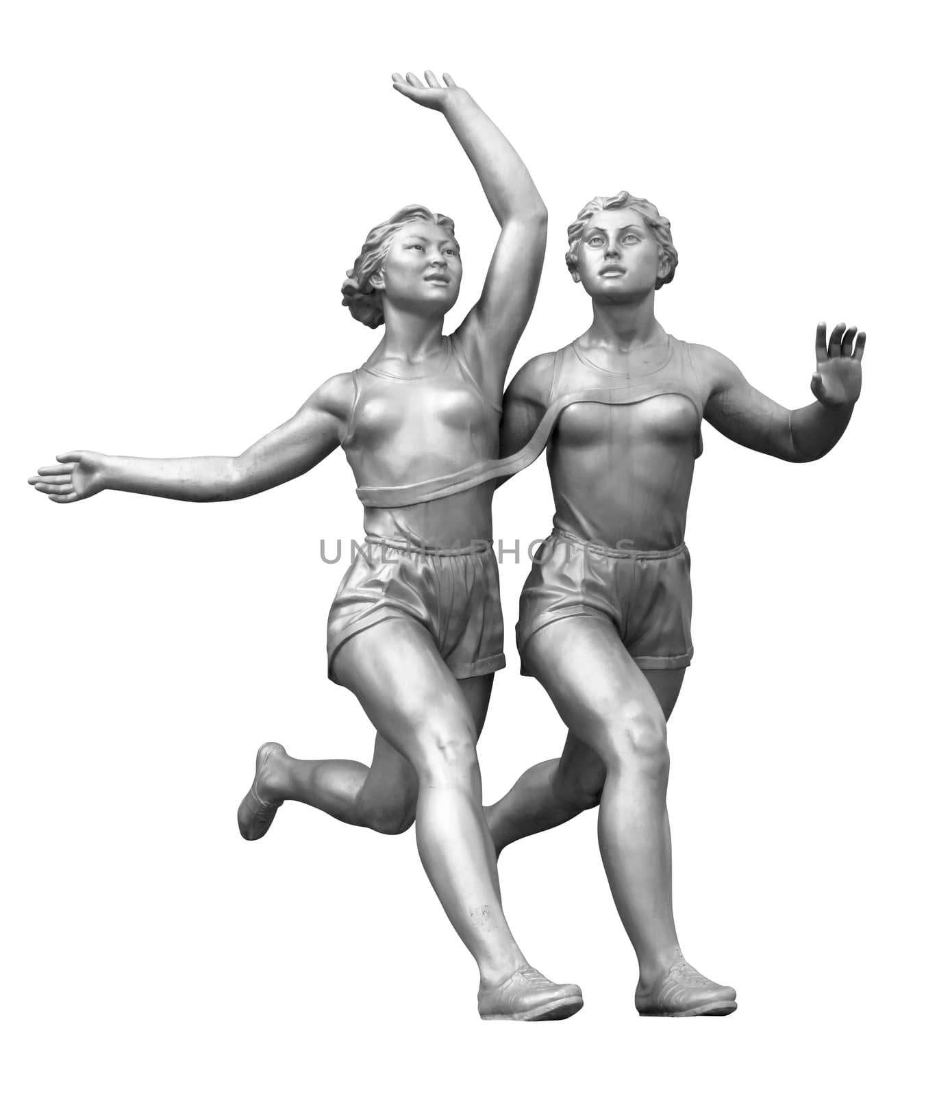 Old sculpture of women runners isolated on white with clipping path