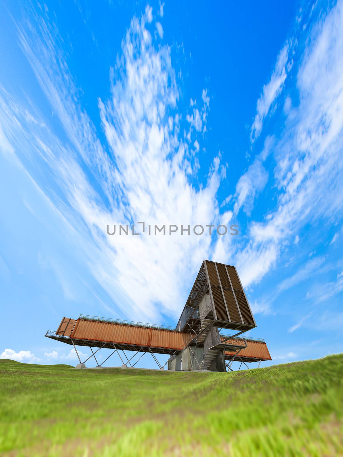 3Ds render of container office building which have blue sky as background