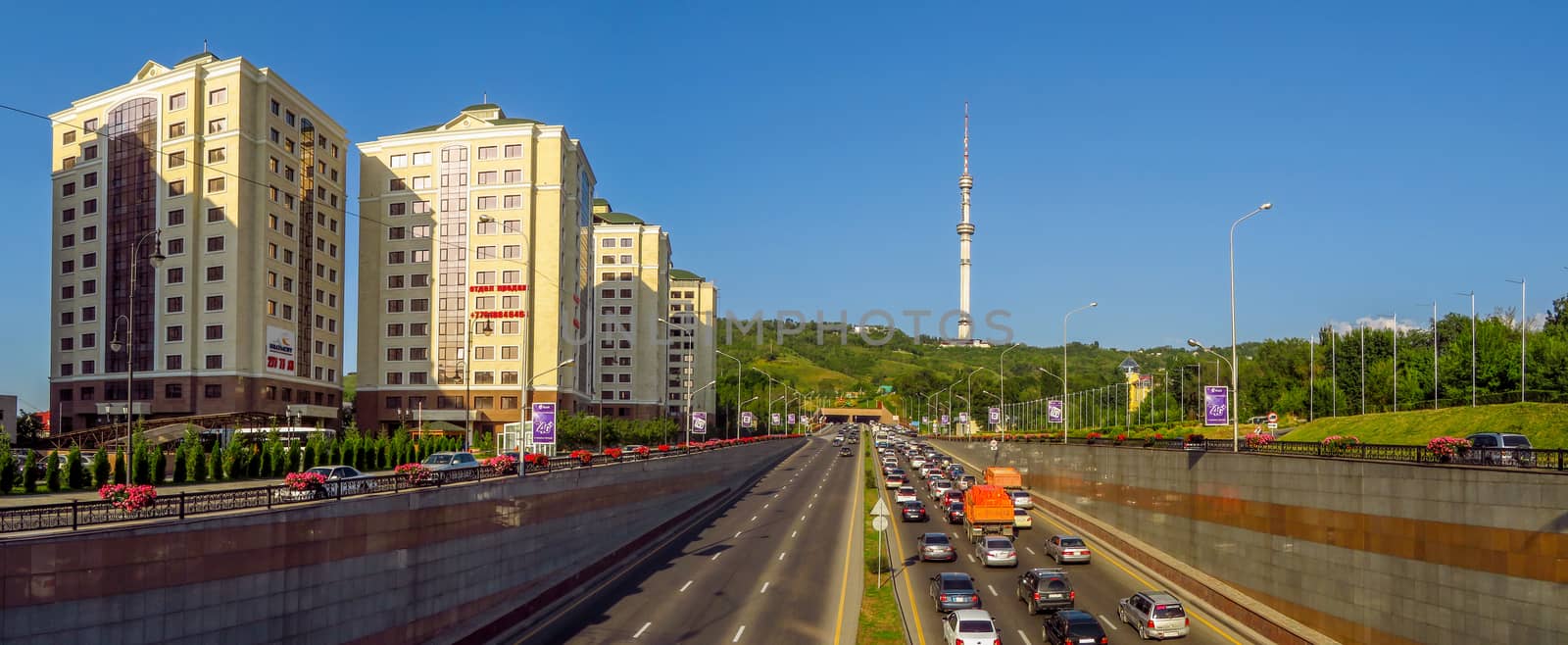 Almaty, Kazakhstan - July 21, 2017: View from Al-Farabi avenue, it is one of the main roads in the city of Almaty