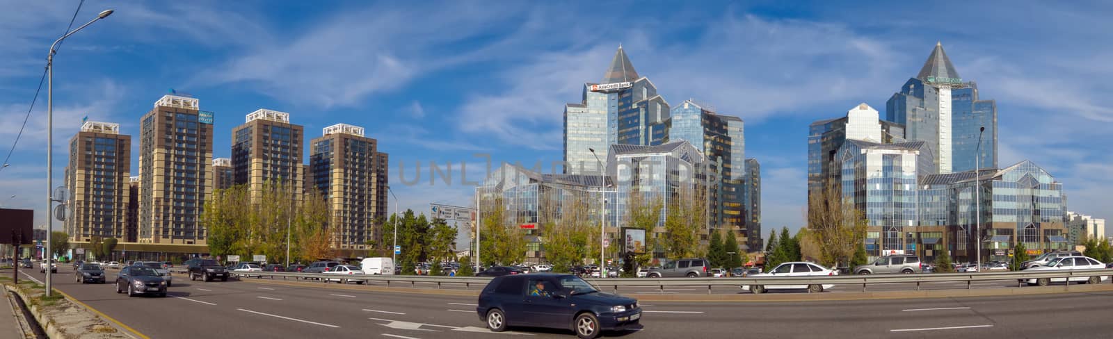 Almaty, Kazakhstan - November 9, 2017: The complex of buildings along Al-Farabi avenue in Almaty, Kazakhstan