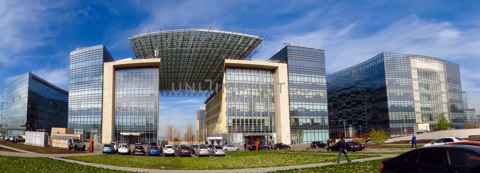 Almaty, Kazakhstan - November 9, 2017: The complex of buildings along Al-Farabi avenue in Almaty, Kazakhstan