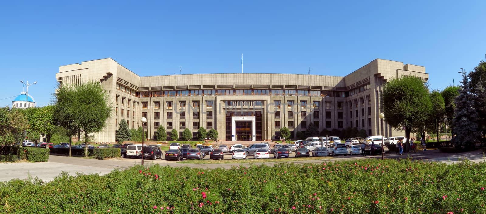 Almaty, Kazakhstan - September 8, 2017: Panoramic view of the building of Halyk Bank of Kazakhstan.