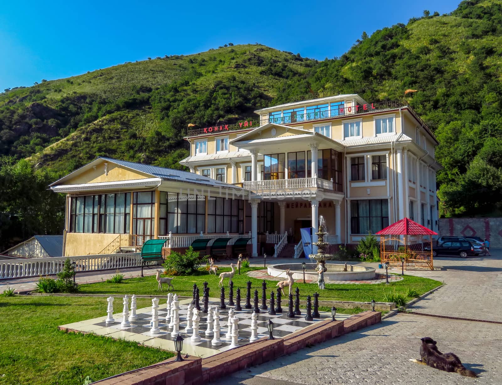 Almaty, Kazakhstan - July 21, 2017: Building of hotel Edelweiss its located along a road to ski resort Shimbulak