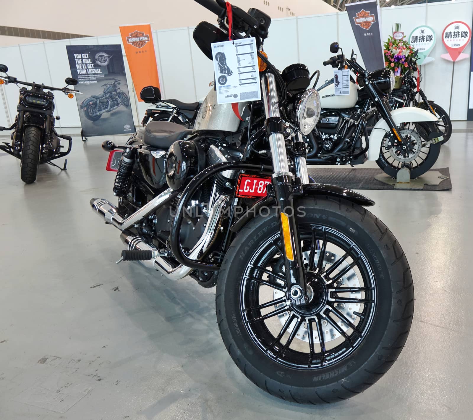 KAOHSIUNG, TAIWAN -- AUGUST 3, 2019: Harley Davidson motorcycles are on display at the Kaohsiung Exhibition Center.
