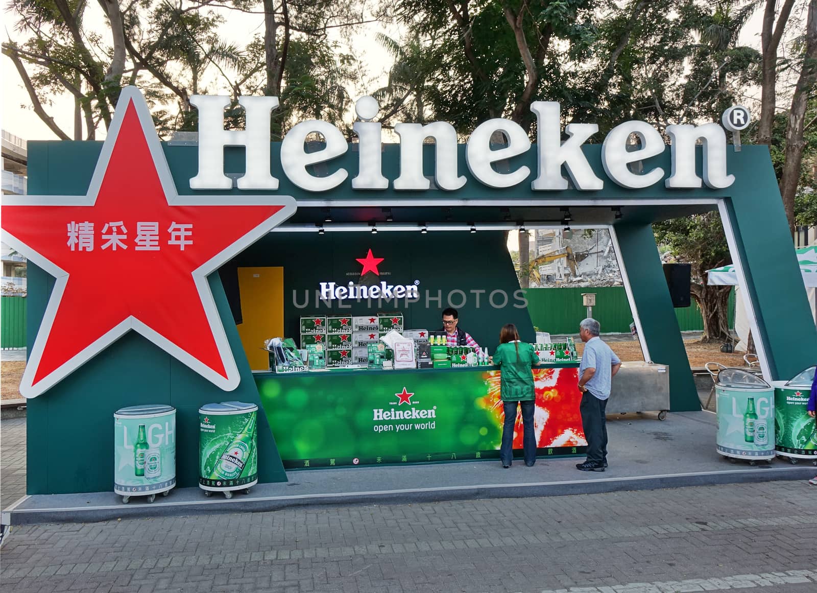 KAOHSIUNG, TAIWAN -- FEBRUARY 19, 2018: A outdoor stall by Heineken beer brewery sells alcoholic beverages during an outdoor event.