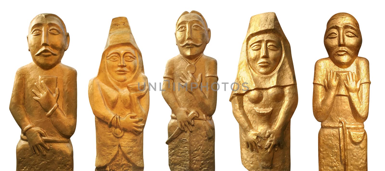 Stylized gold statues of Kazakh people isolated on white with Clipping path