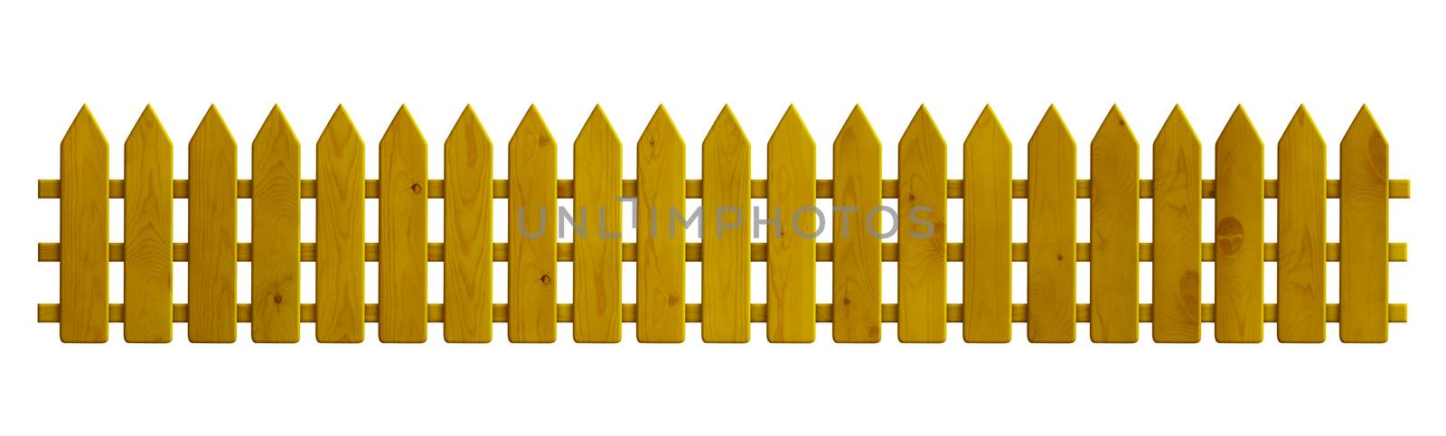 Wooden long yellow fence isolated on white background