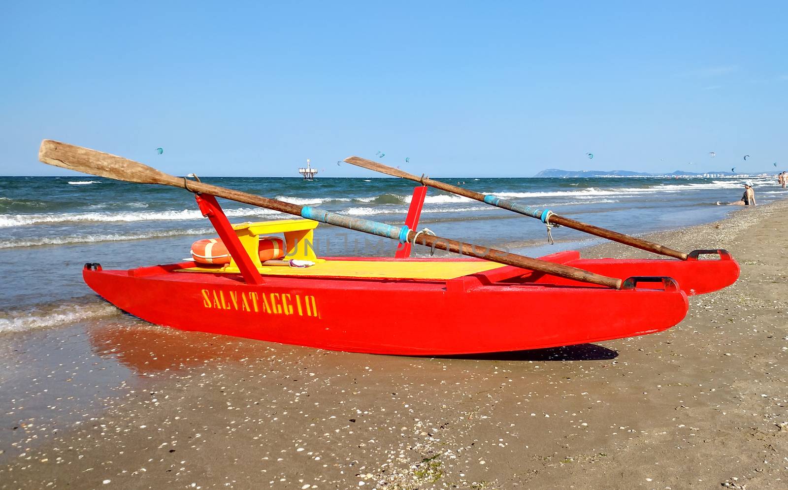 Rimini, Italy - June 23, 2017: Rescue boat at a beach in Rimini, Italy
