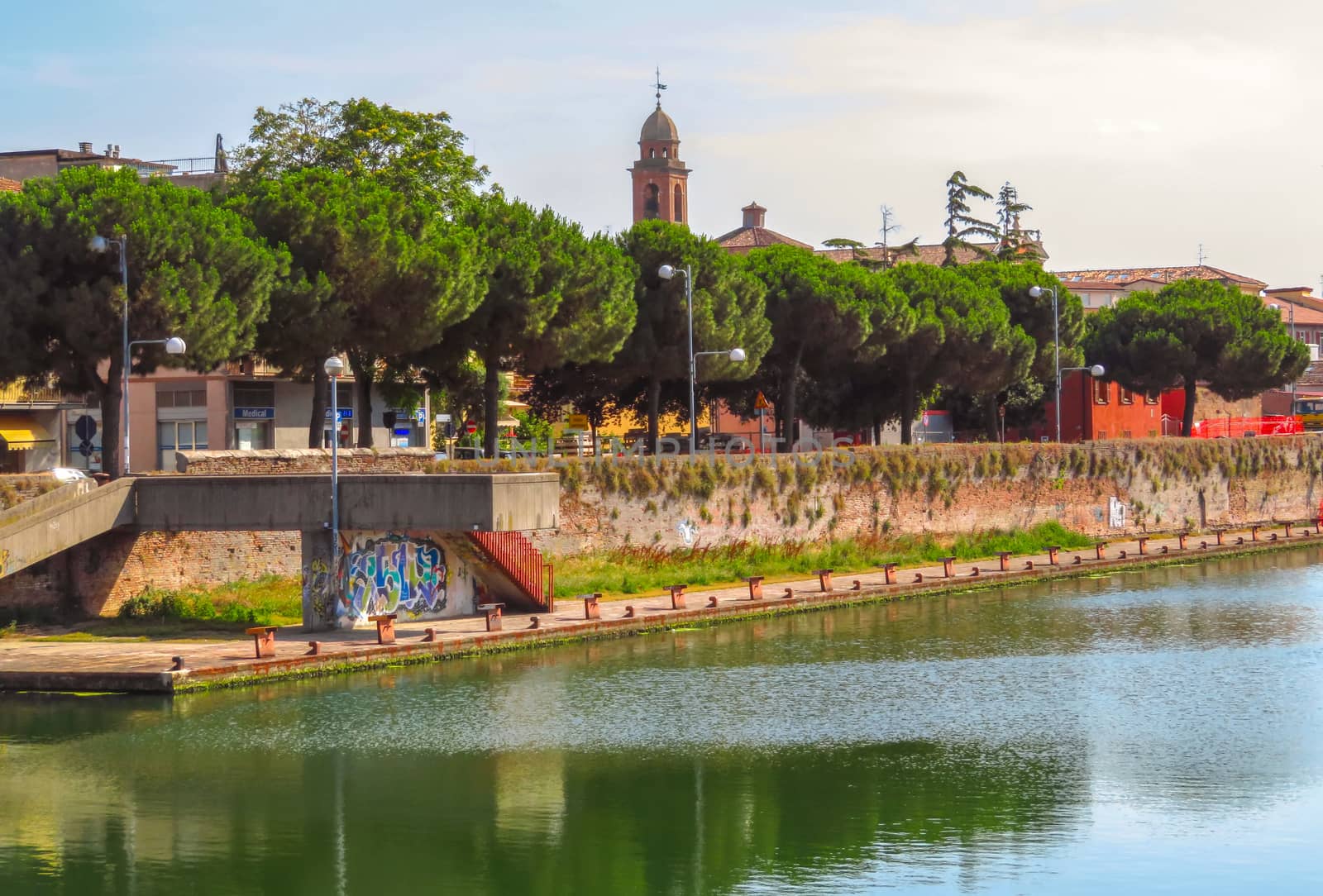 Rimini, Italy - June 21, 2017: View to old city in the Rimini from canal