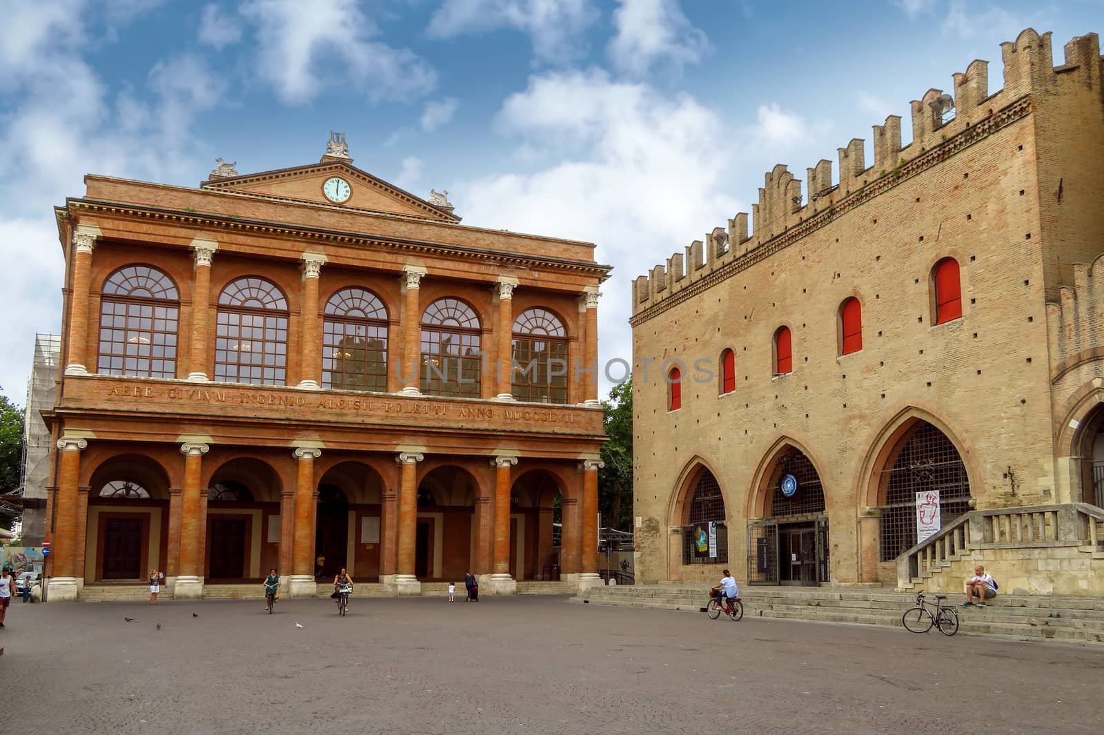 Rimini, Italy - June 14, 2017: Public theater Amintore Galli and The Cavour square in Rimini, Italy