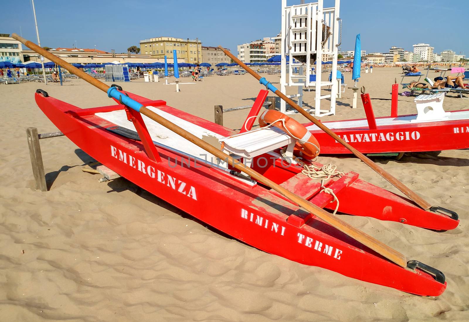 Rimini, Italy - June 23, 2017: Rescue boat at a beach in Rimini, Italy