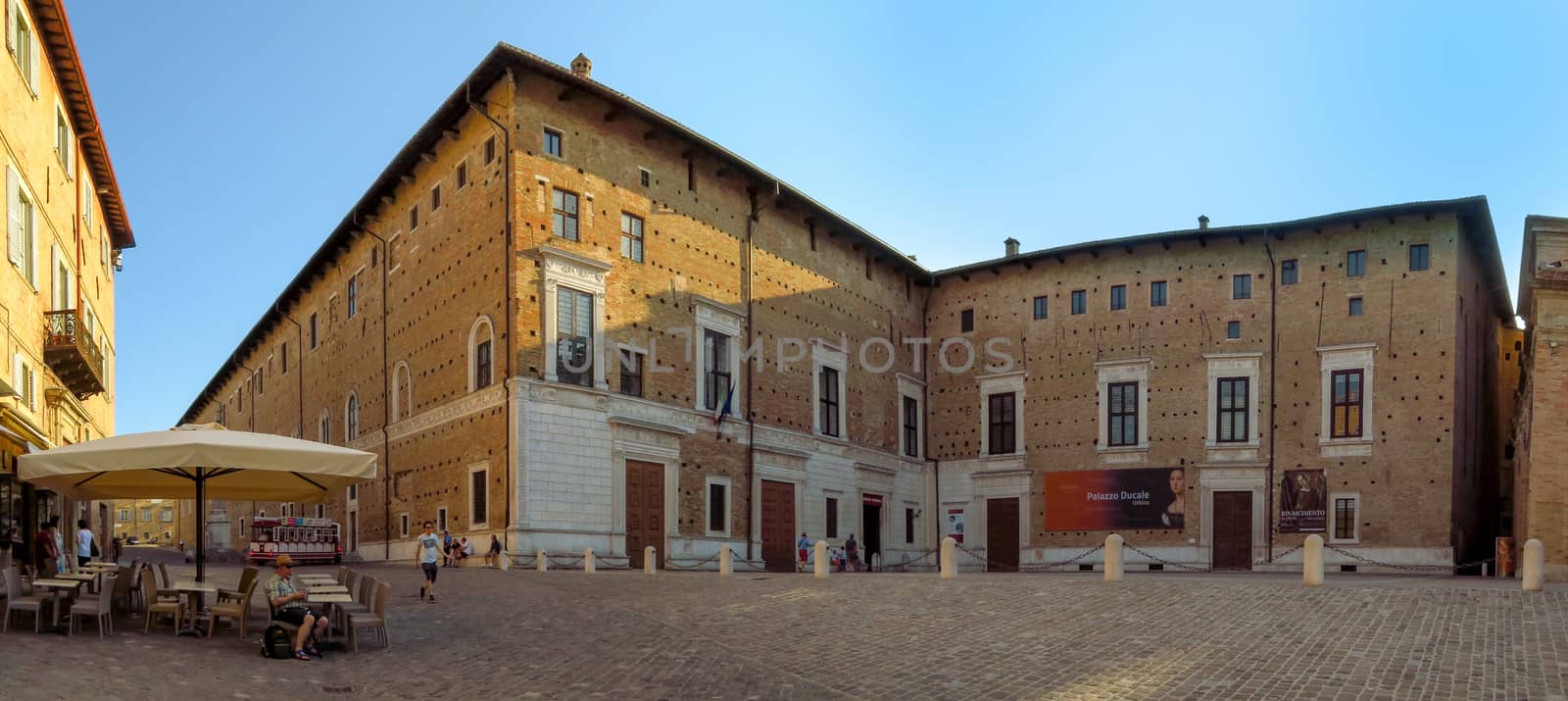 Urbino, Italy - June 24, 2017: View of buildings in the old city. Urbania was famous during the Renaissance as a country seat of the Dukes of Urbino.