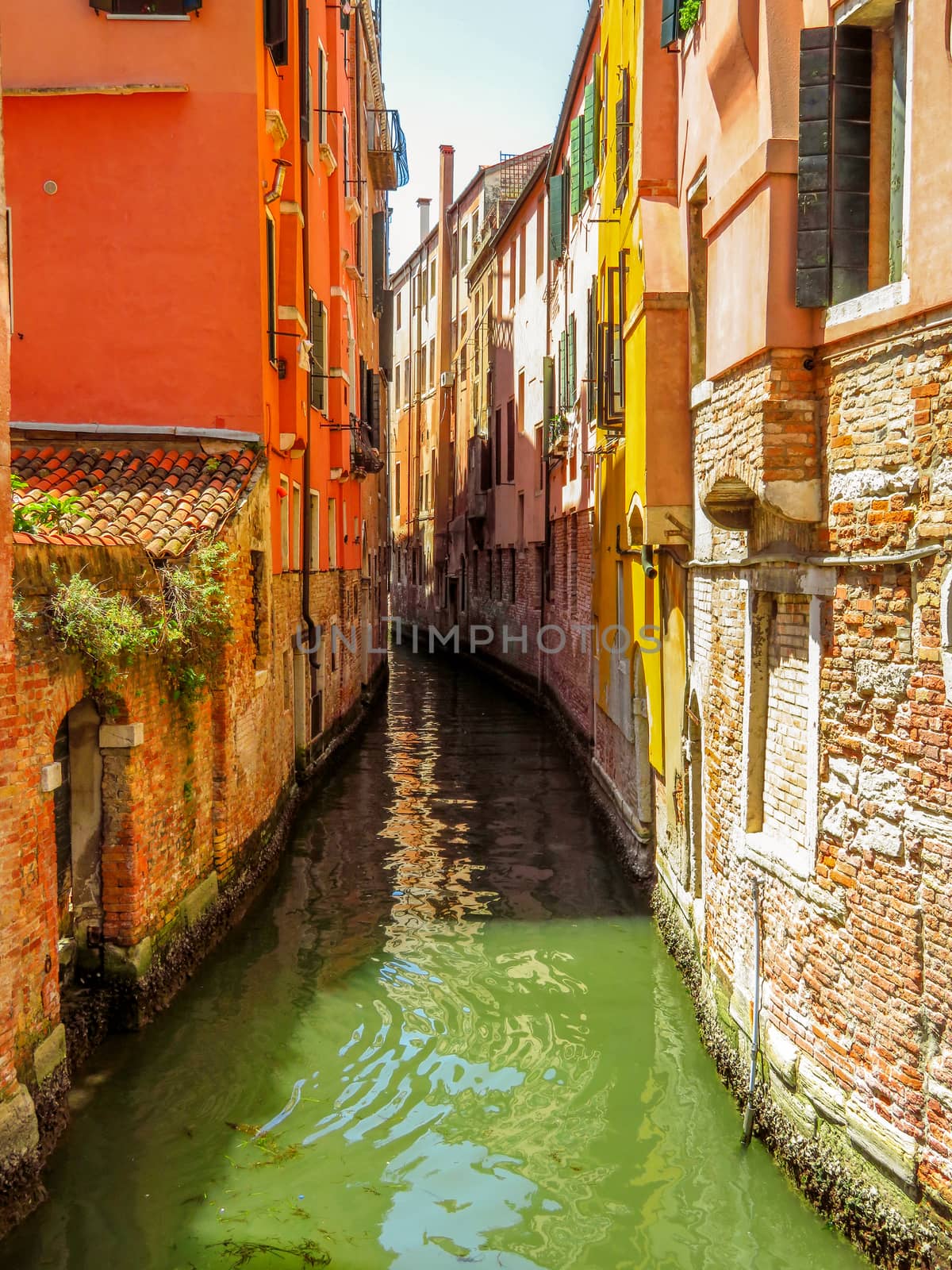 View from water street to old buildings in Venice, Italy