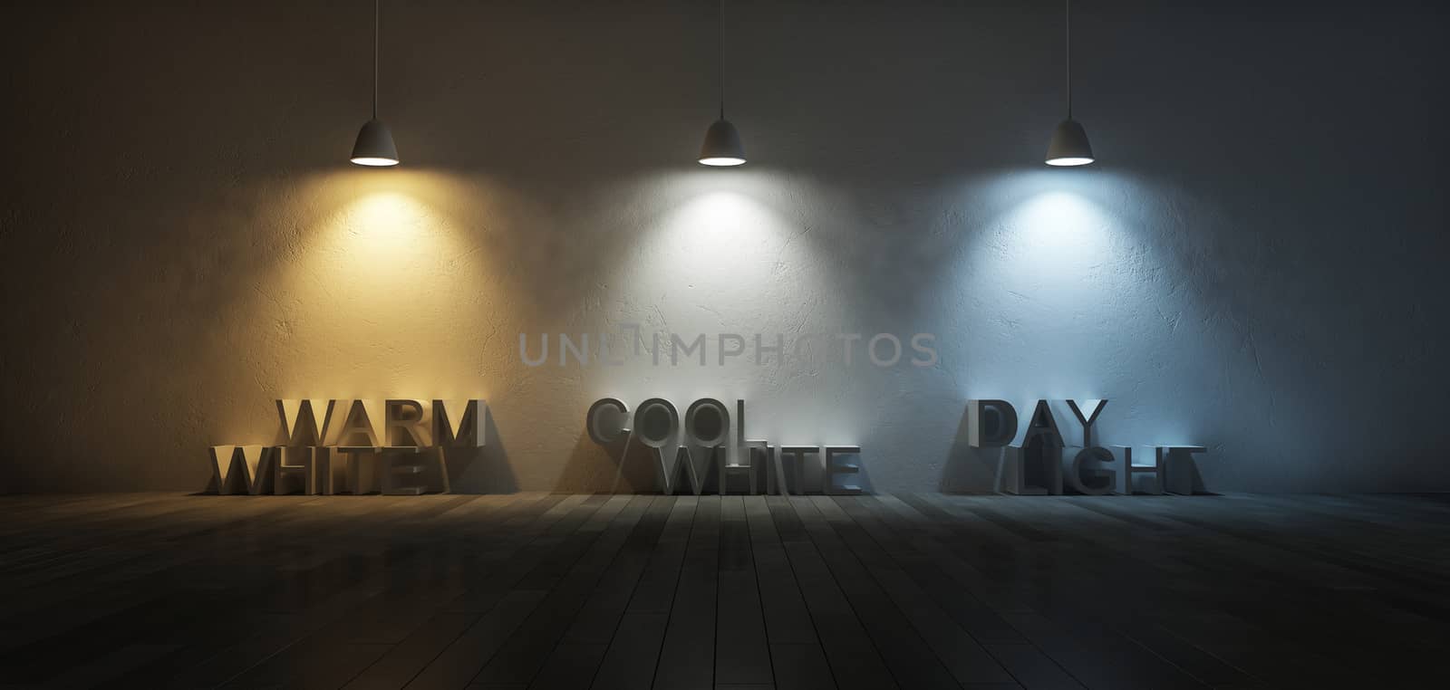 3Ds rendered image of 3 hanging lamps which use different bulbs. Color temperature scale. Cool white,warm white, day light. 3 colors of light on the cracked concrete wall and wooden floor