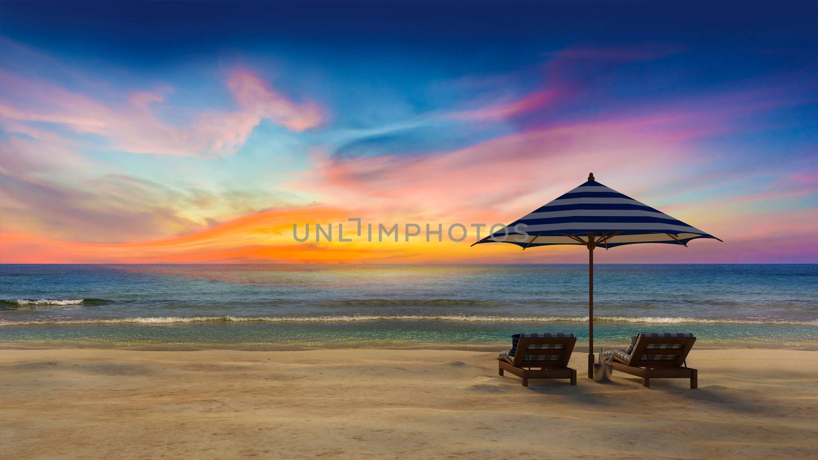 3D rendering image of timber tent which cover by fabric loacted on the beach,  curtain being blow by wind from the sea, white and blue day bed,sunset time perspective