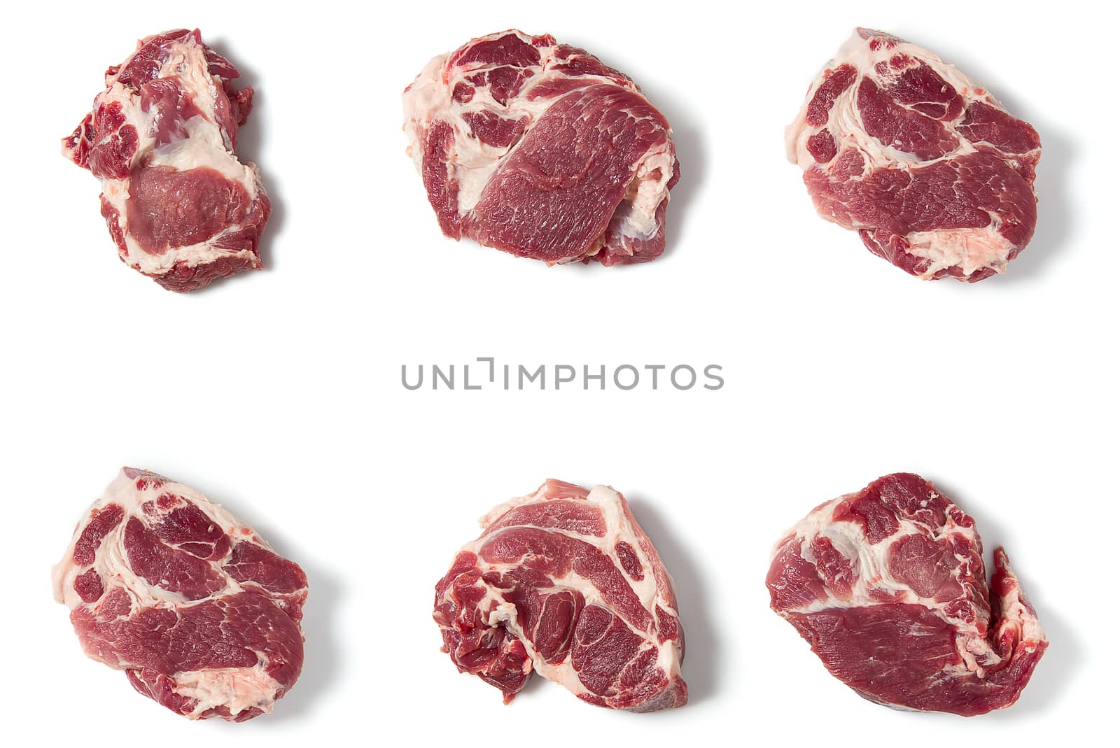 sliced fresh raw pork meat, pork steaks flat lay, isolated on white background