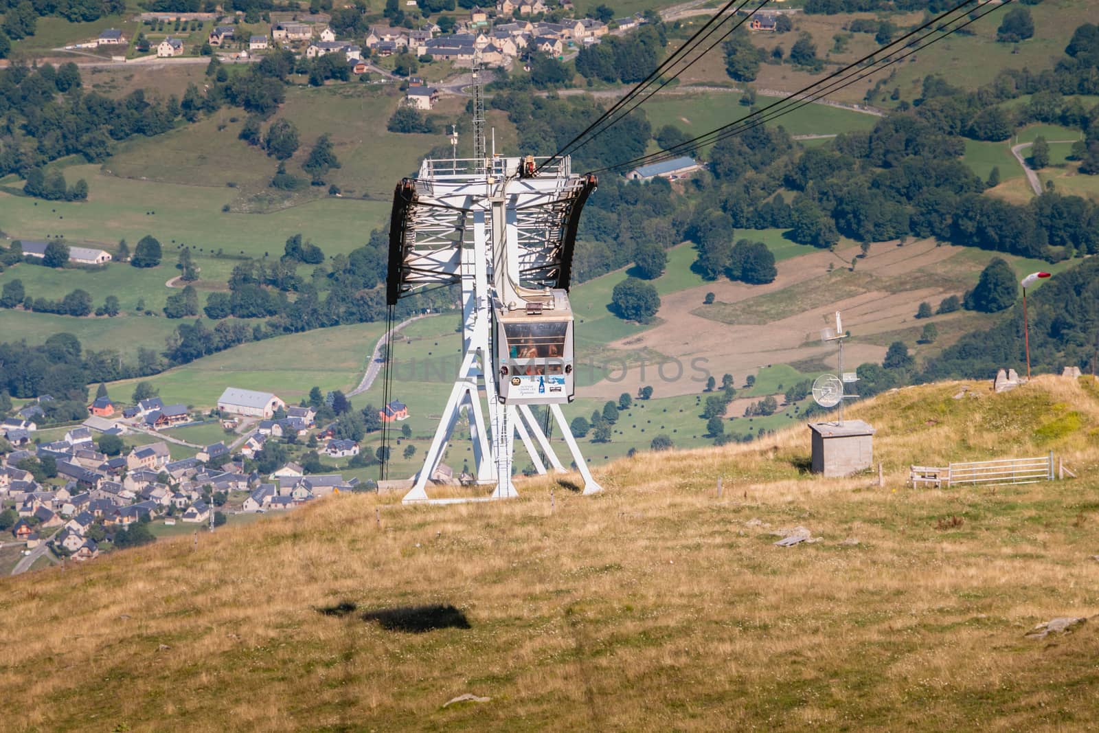 Saint Lary Soulan, France - August 20, 2018: cable car that connects directly the city center of Saint Lary to the station in winter for skiing and in summer for the downhill bike