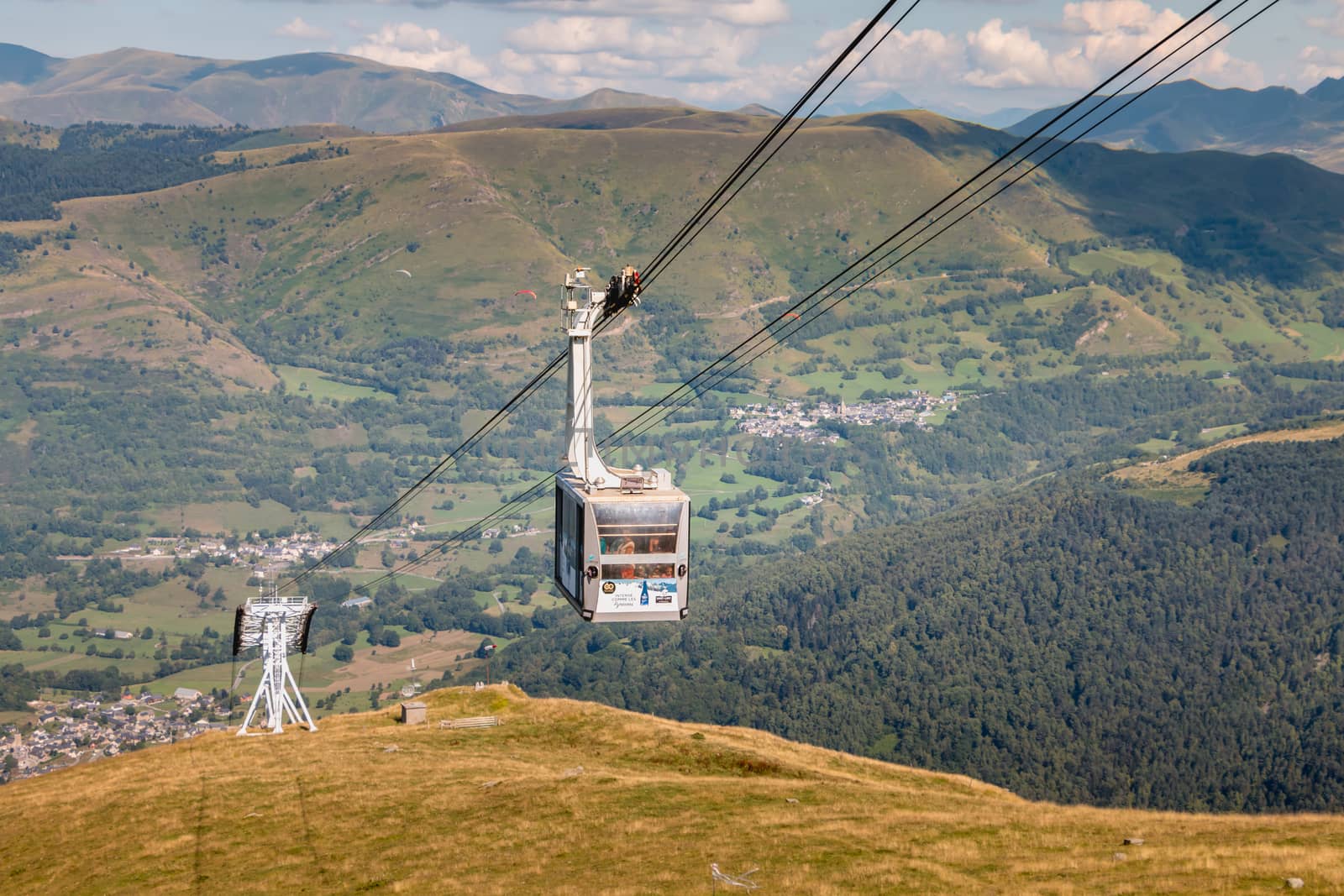 Saint Lary Soulan, France - August 20, 2018: cable car that connects directly the city center of Saint Lary to the station in winter for skiing and in summer for the downhill bike