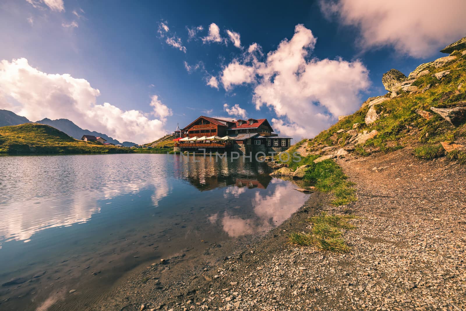 Beautiful volcanic Balea lake at high altitude, on Fagaras mountain, Romania