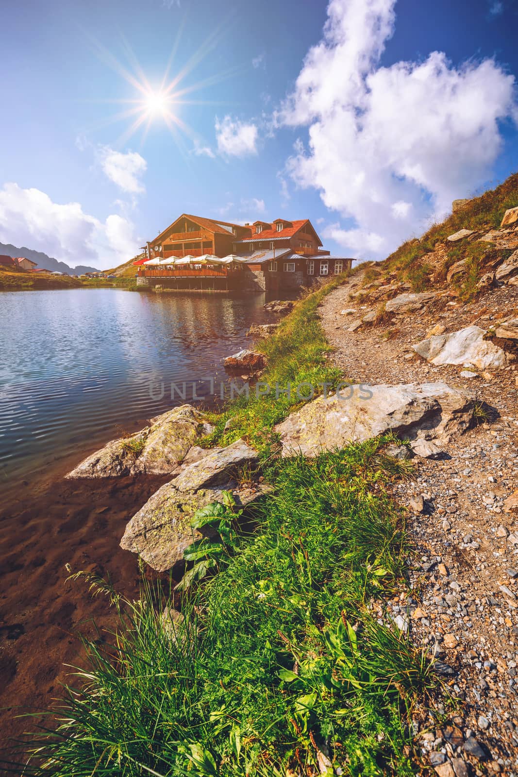 Beautiful volcanic Balea lake at high altitude, on Fagaras mountain, Romania